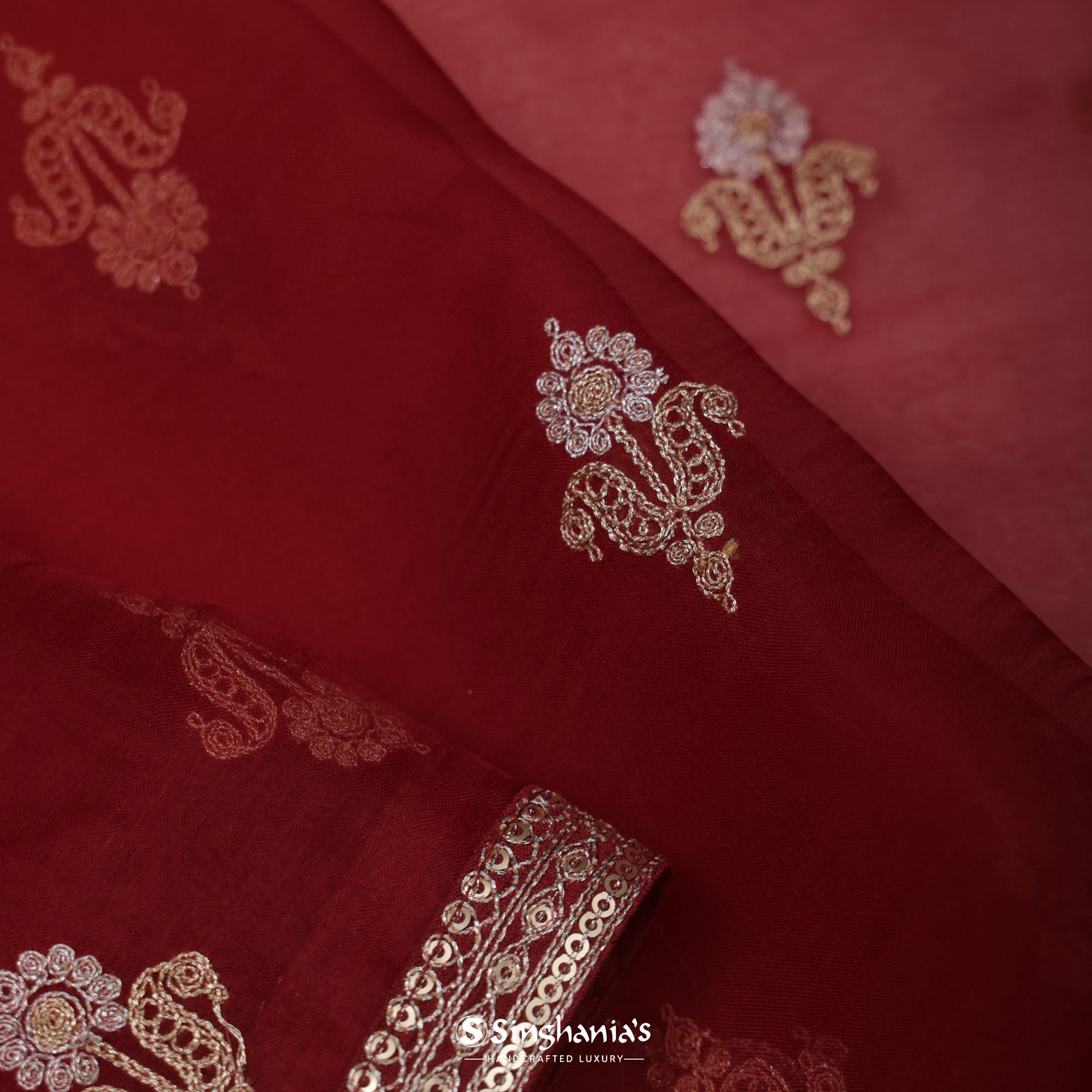 Turkey Red Organza Saree With Bandhani Pattern