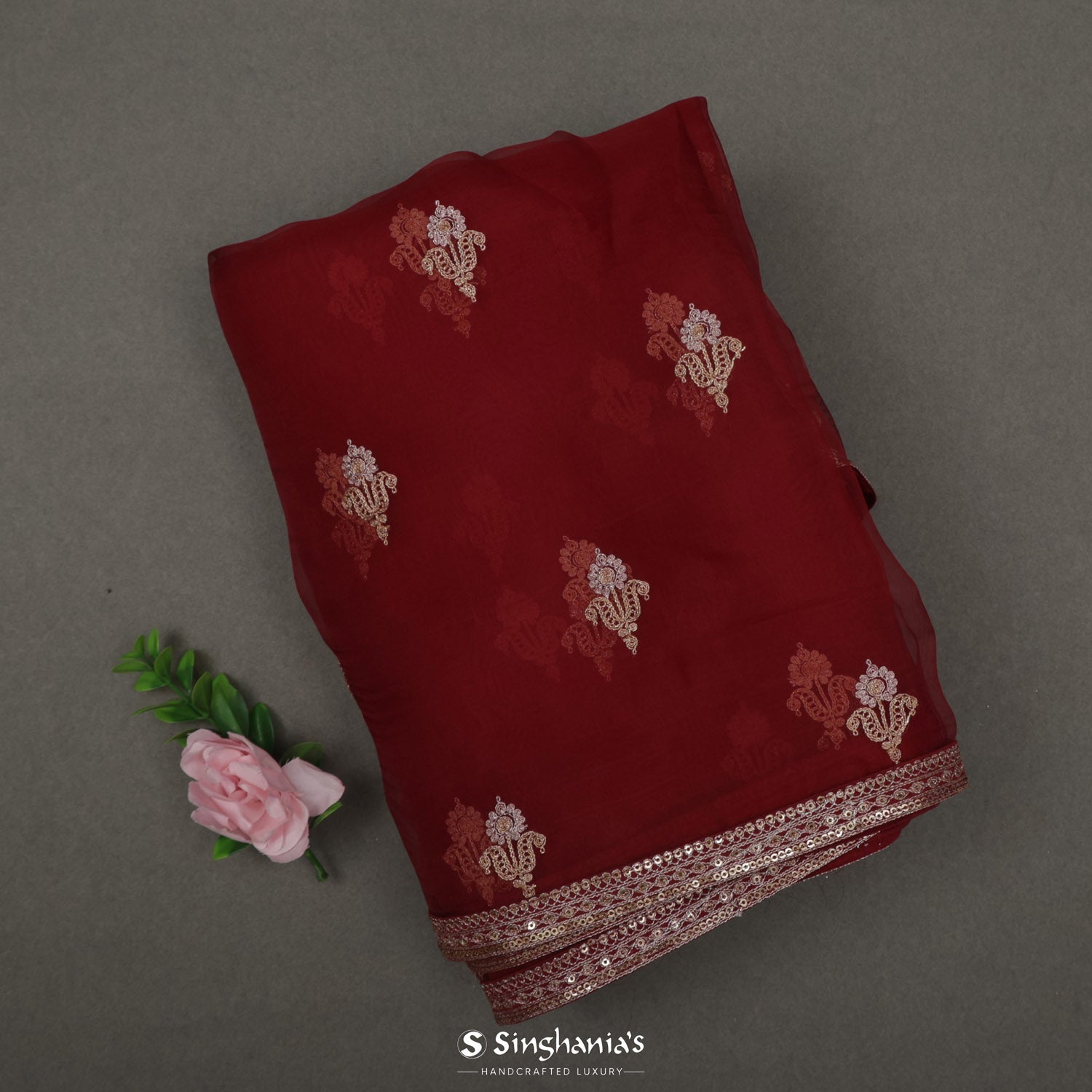 Turkey Red Organza Saree With Bandhani Pattern