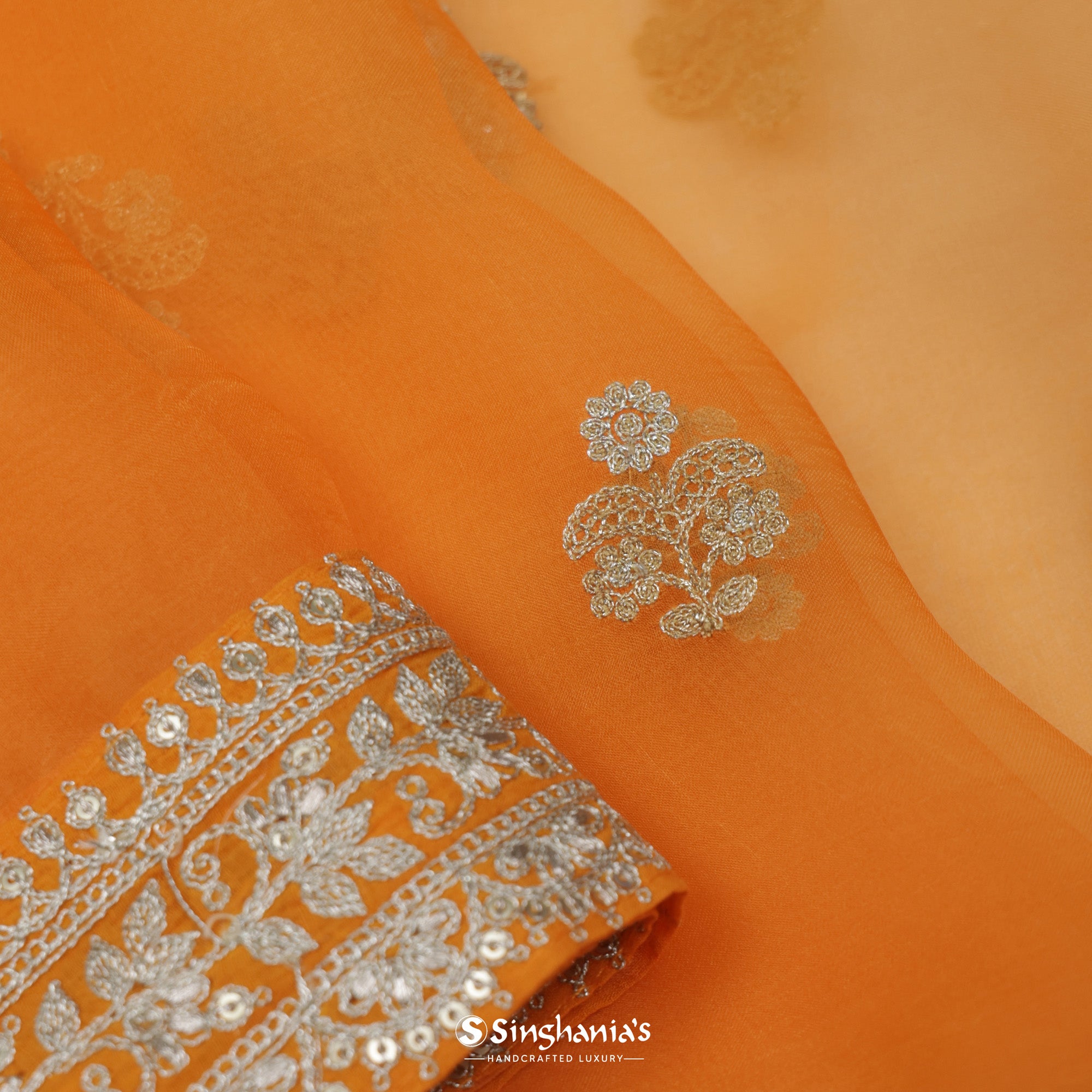 Vivid Tangelo Orange Organza Saree With Embroidery