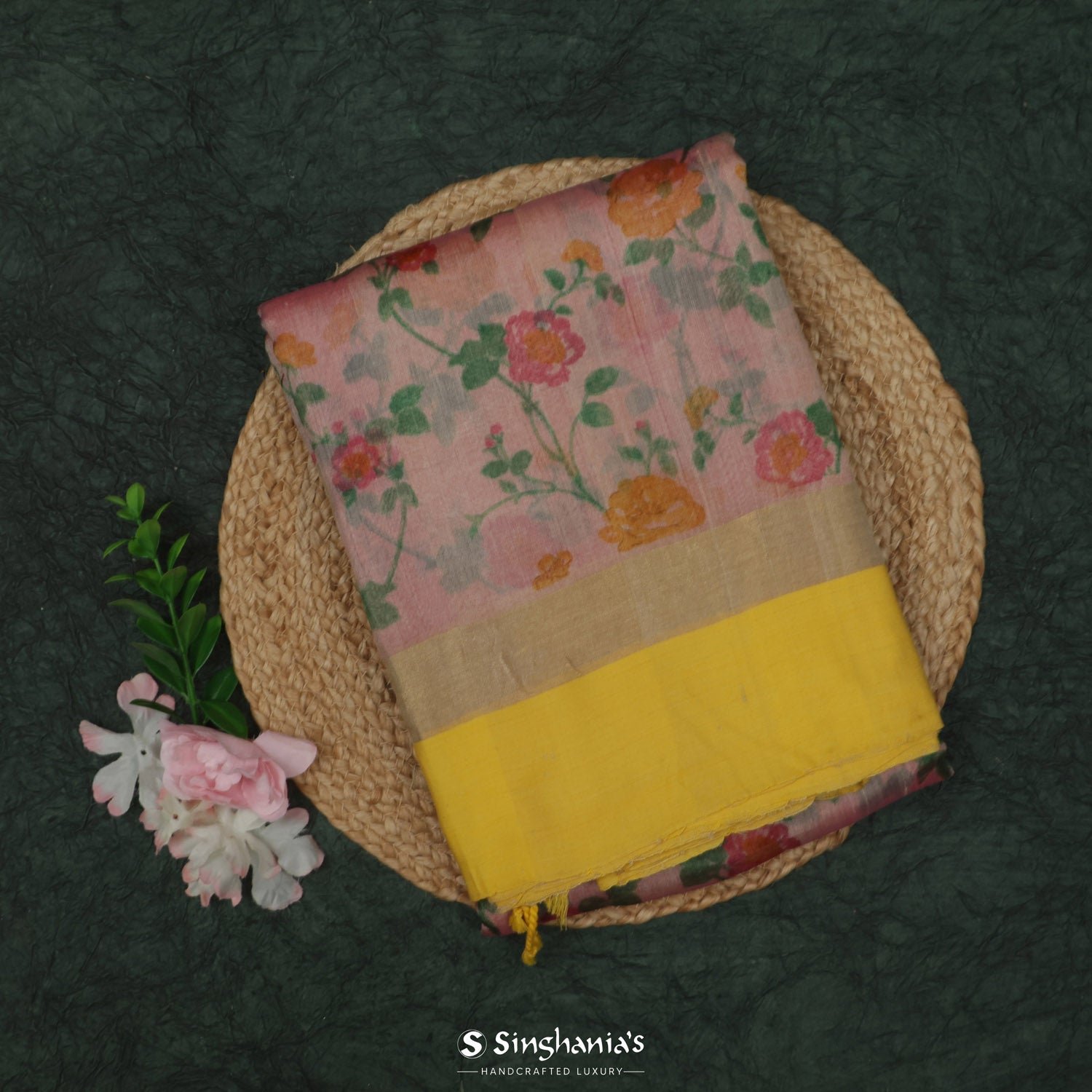 Pastel Pink Printed Tussar Saree With Floral Pattern