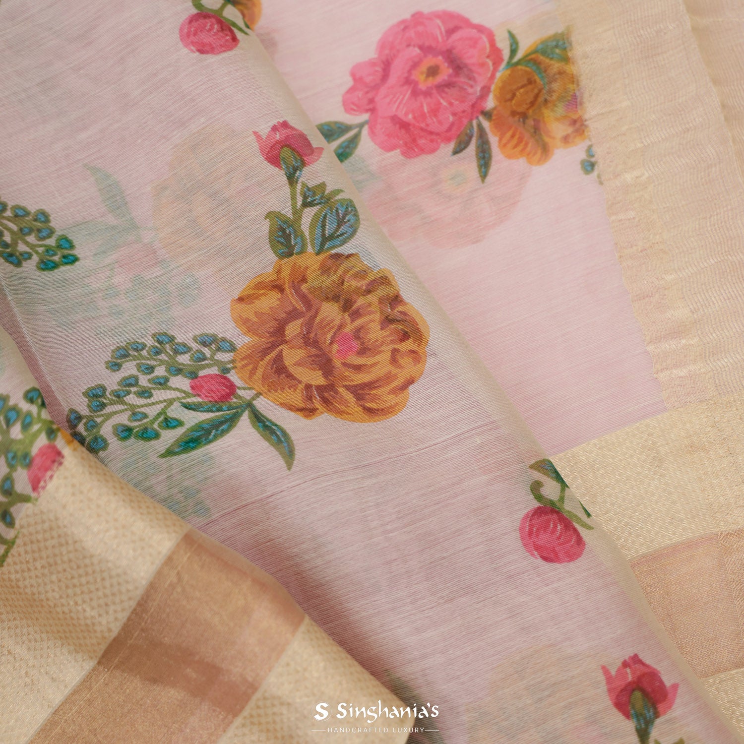 Oyster Pink Printed Maheshwari Saree With Floral Pattern