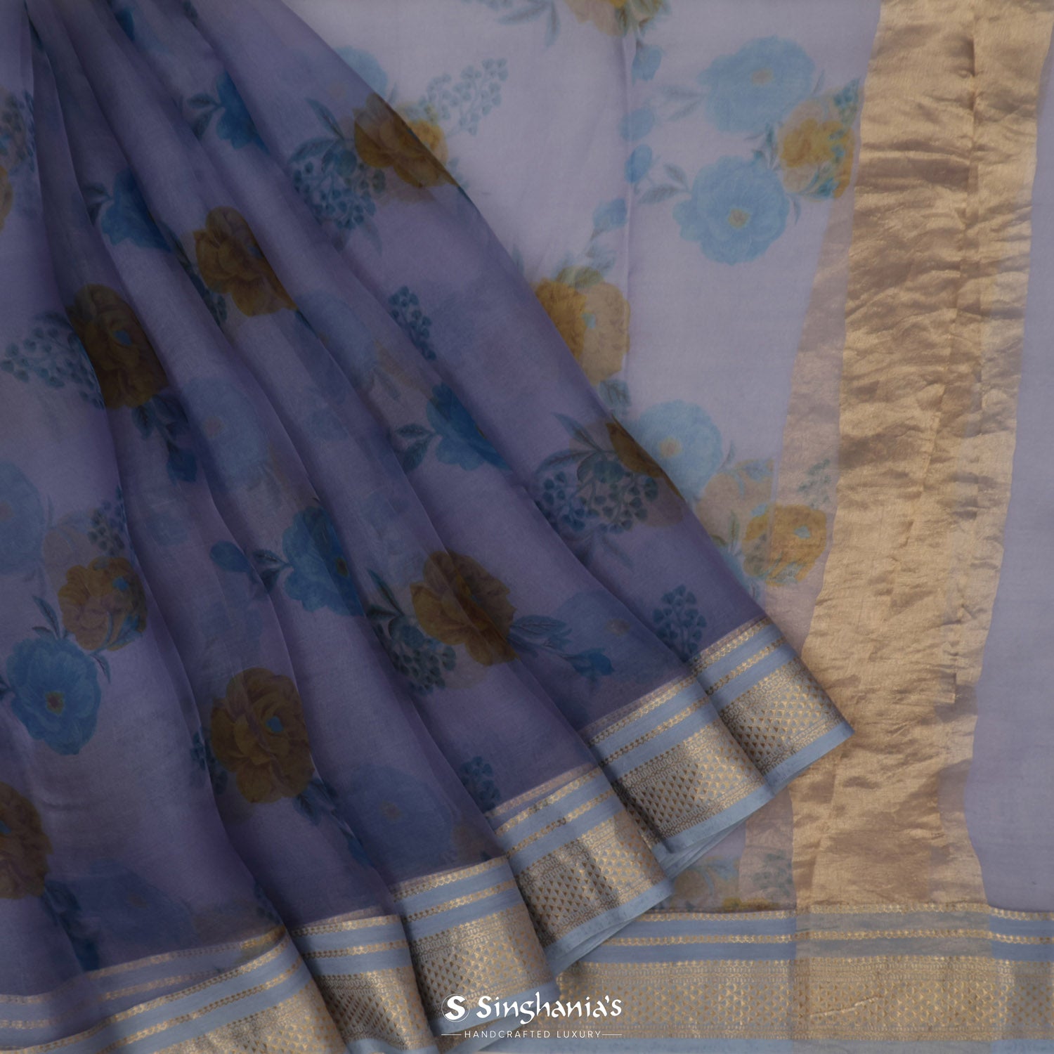 Purple Navy Printed Organza Saree With Floral Pattern