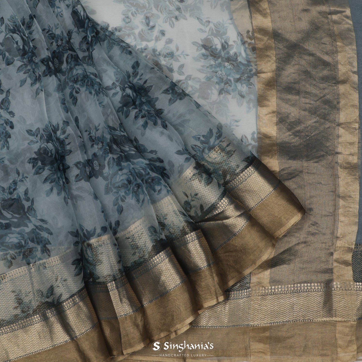 Cadet Gray Organza Saree With Floral Print Pattern