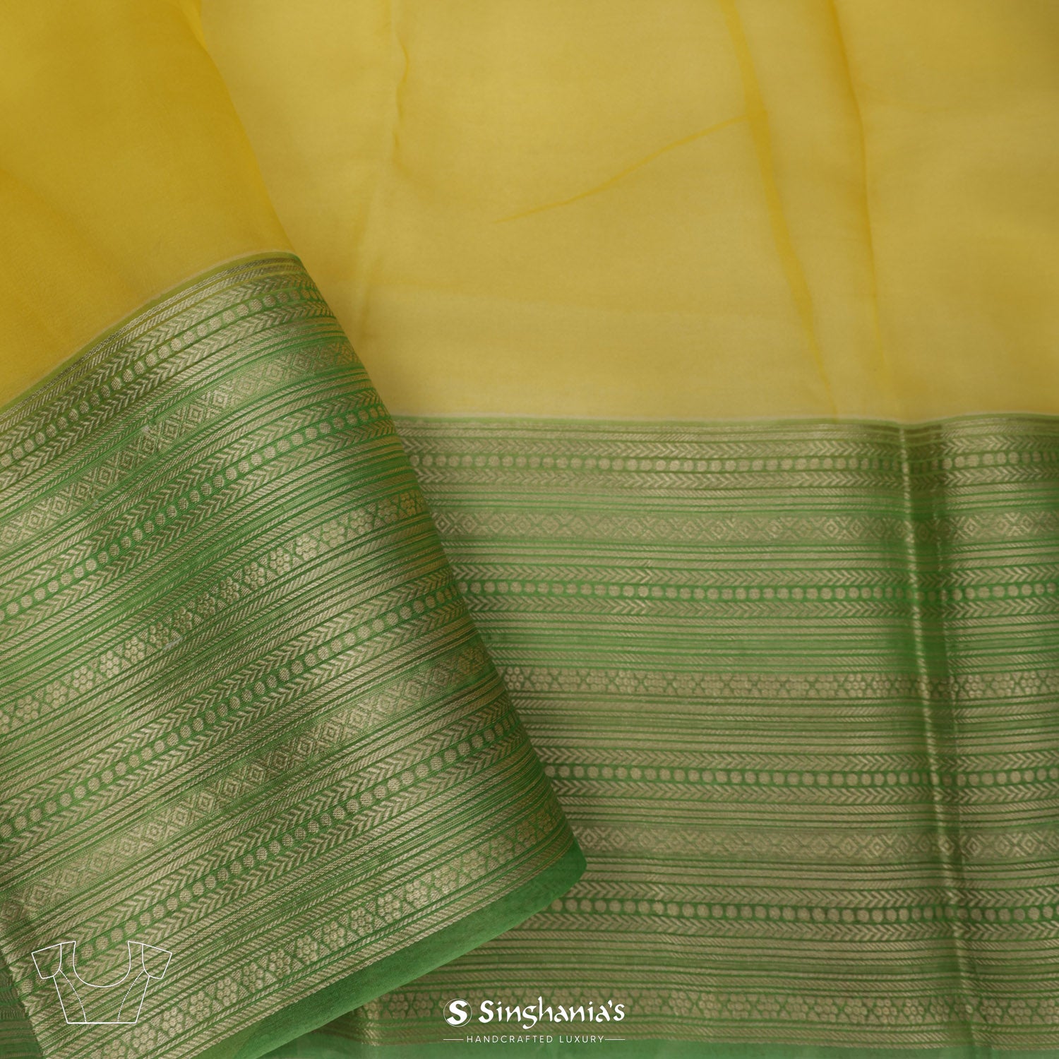 Satin Sheen Gold Yellow Printed Organza Saree With Floral Pattern