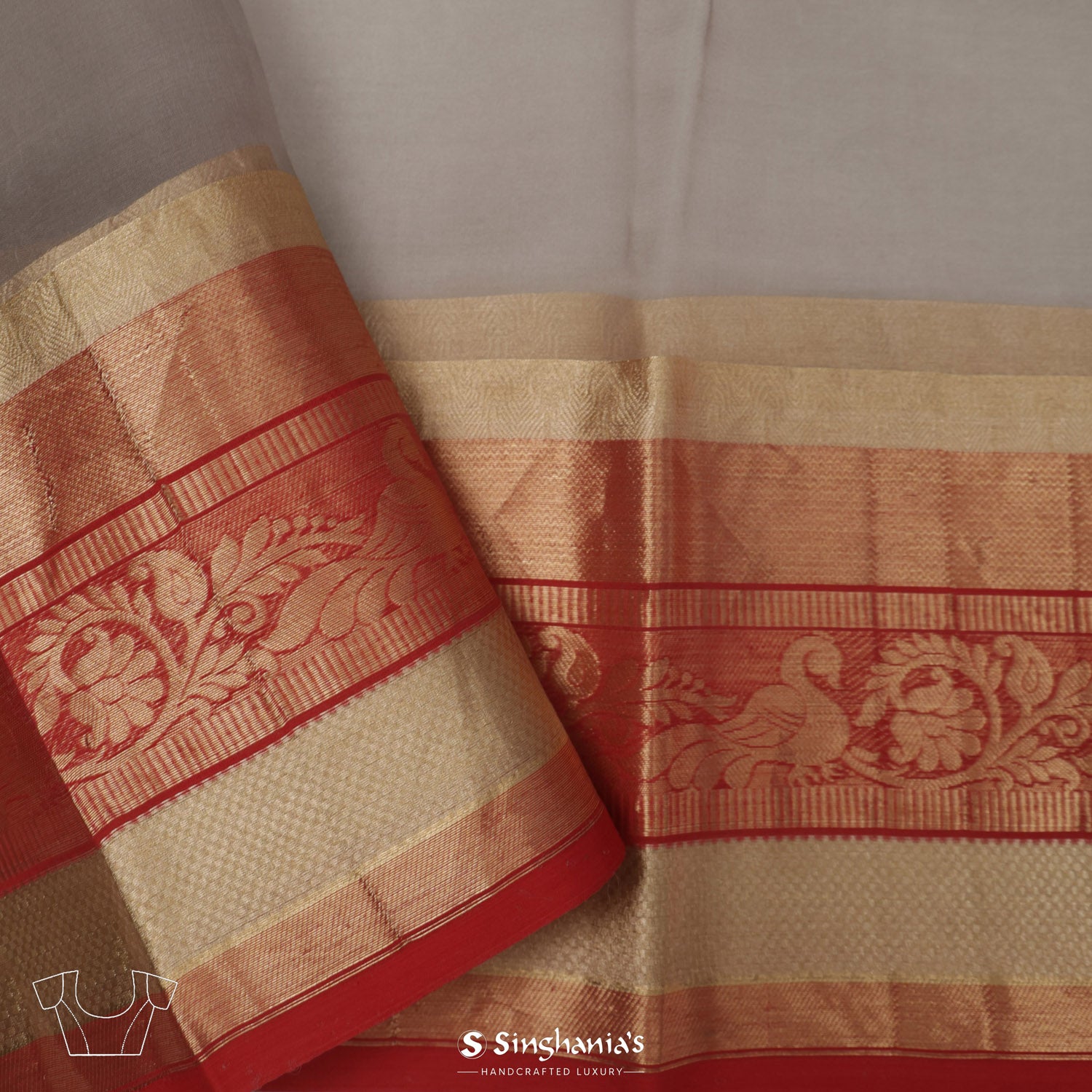 Gray Dolphin Printed Organza Saree With Floral Jaal Pattern