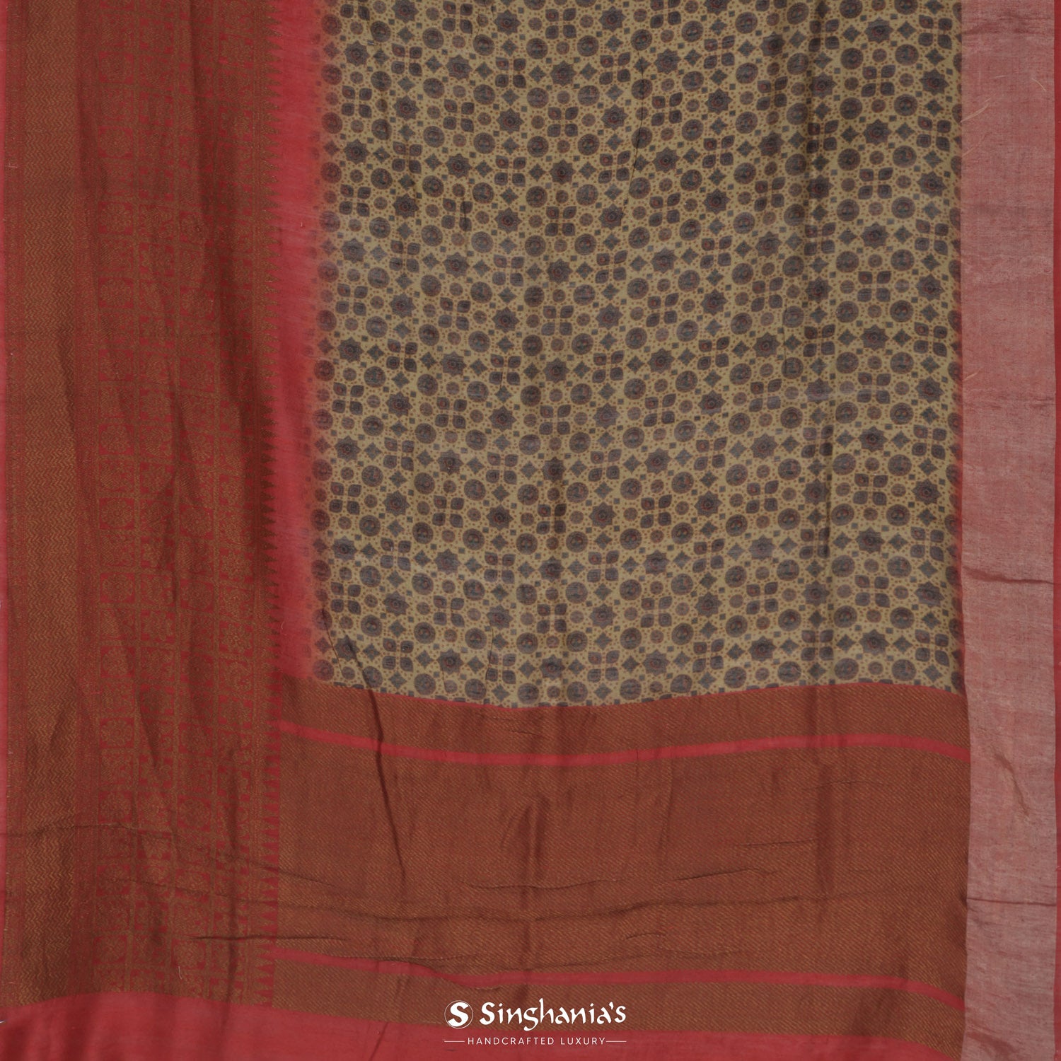 Light French Beige Printed Matka Saree With Ajrakh Inspired Pattern