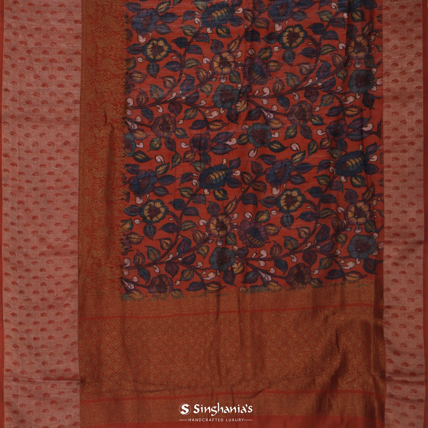 Alloy Orange Printed Matka Silk Saree With Floral Pattern Has Big Border