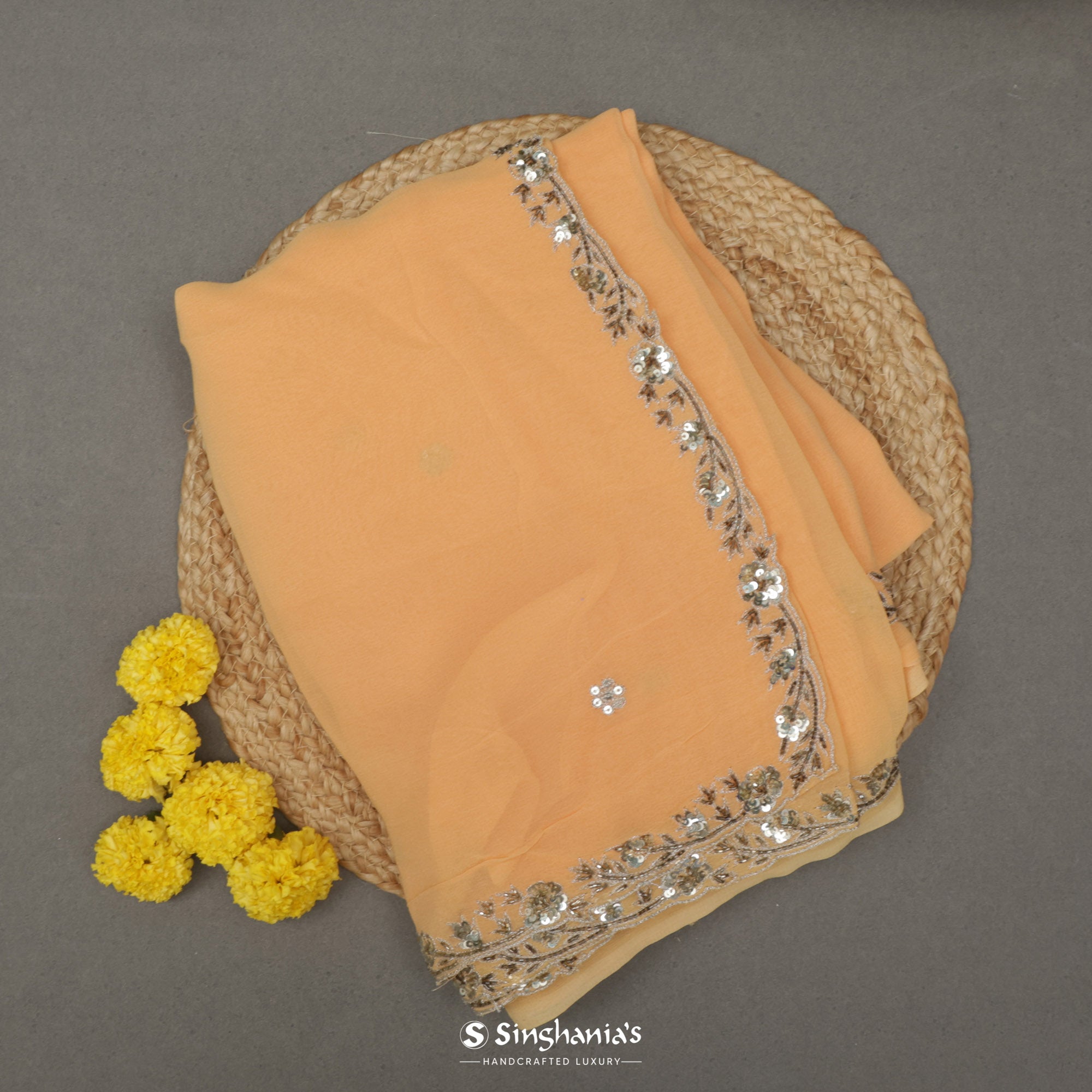 Pastel Orange Chiffon Saree With Hand Embroidery