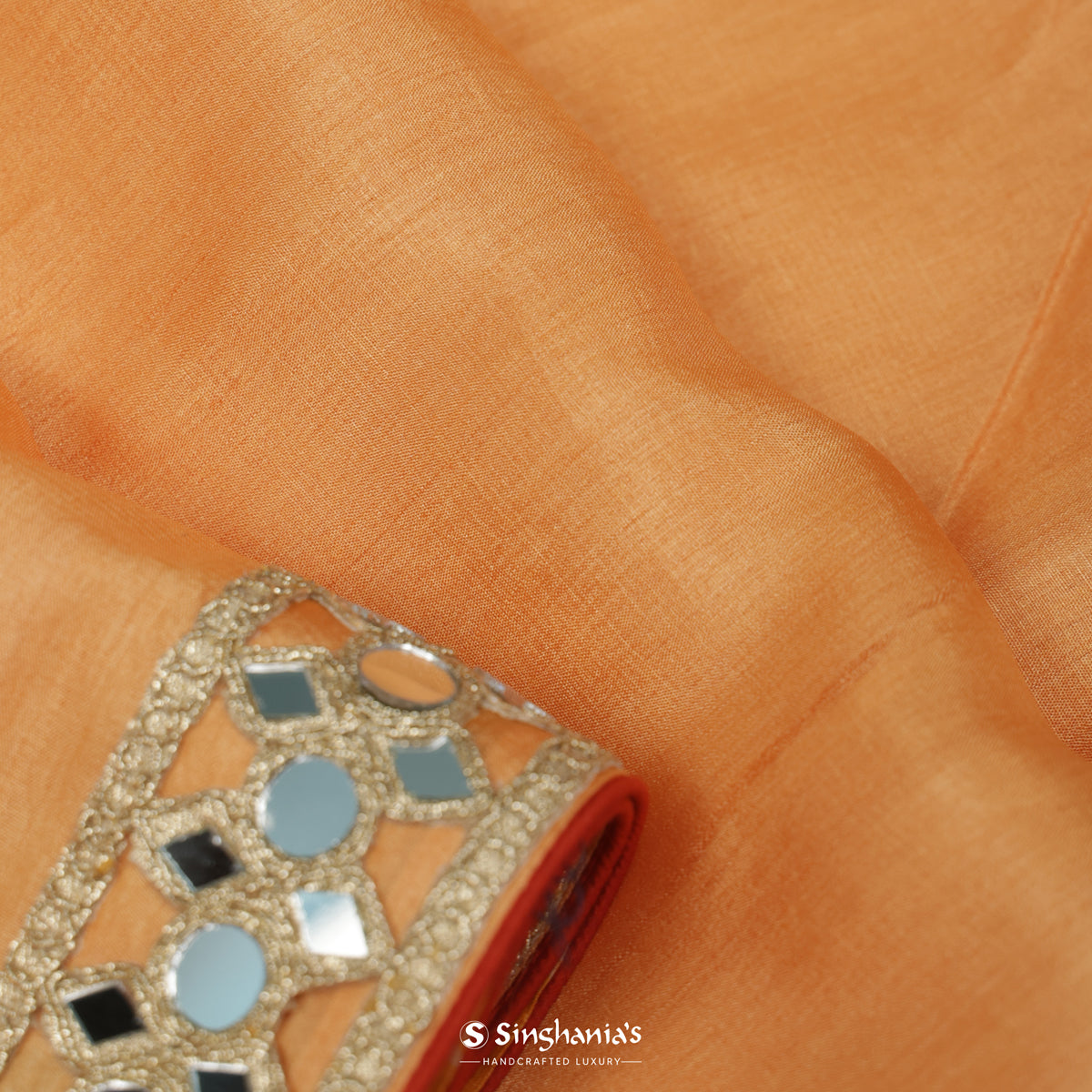 Peach Orange Plain Tussar Saree With Mirror Work Border