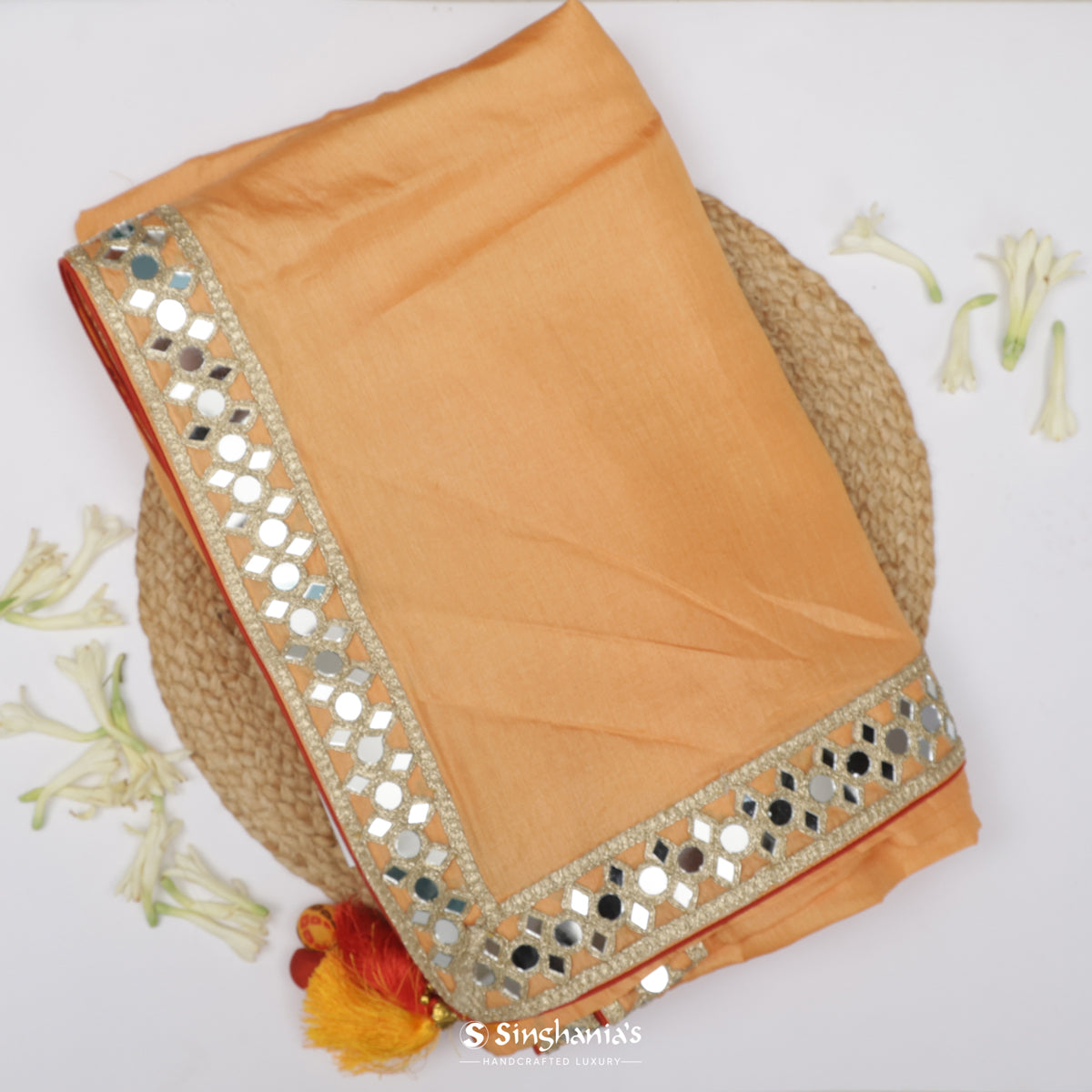 Peach Orange Plain Tussar Saree With Mirror Work Border