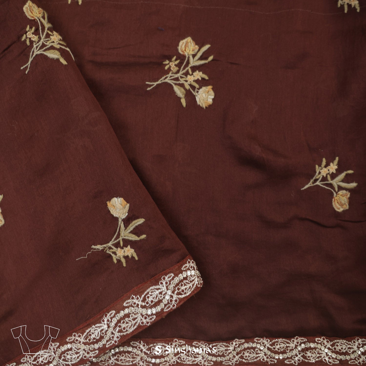 Dark Brown Printed Silk Saree With Bandhani In Grid Pattern