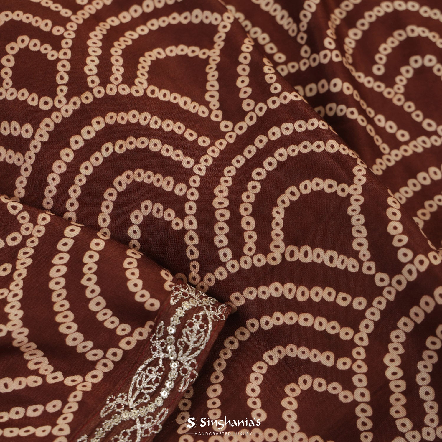Dark Brown Printed Silk Saree With Bandhani In Grid Pattern