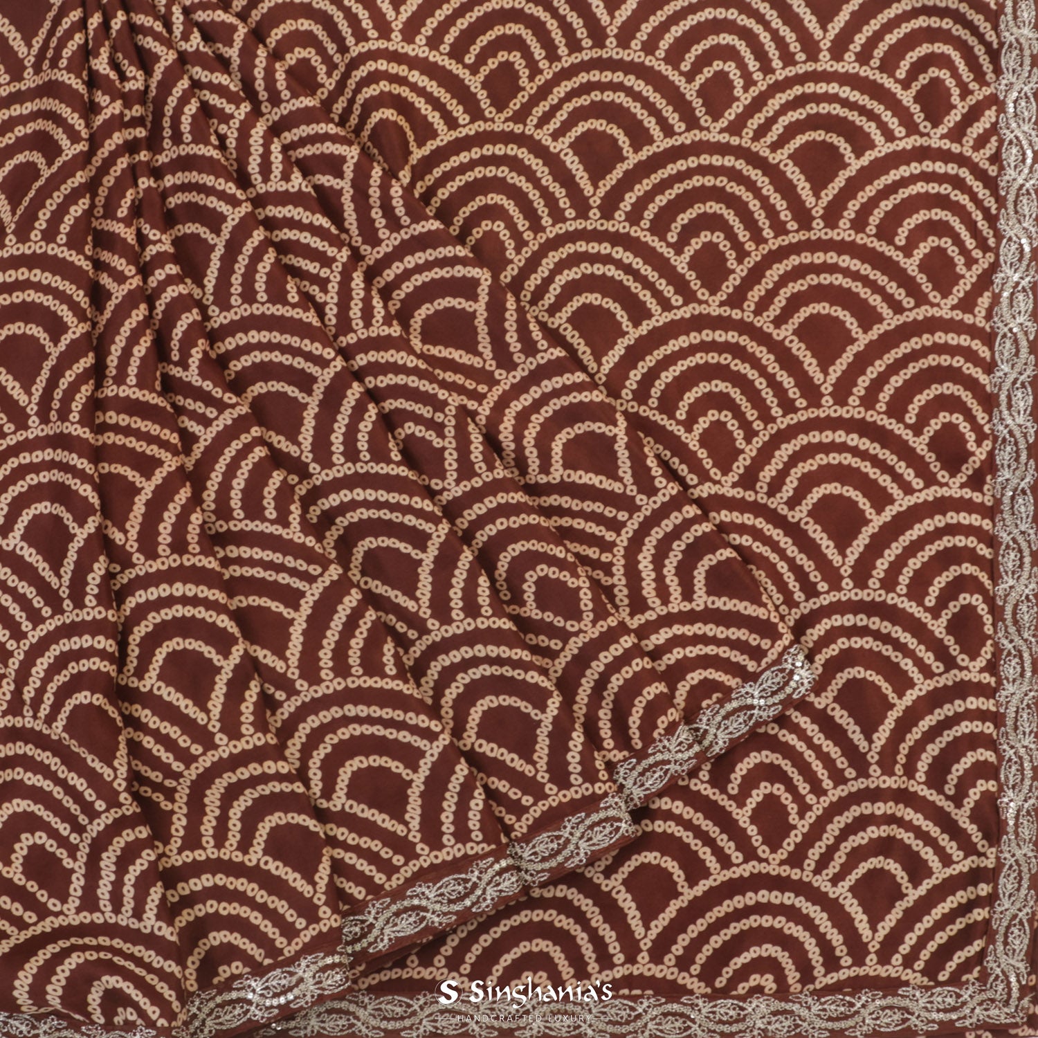 Dark Brown Printed Silk Saree With Bandhani In Grid Pattern