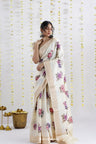 Cream White Printed Tussar Silk Saree With Floral Pattern