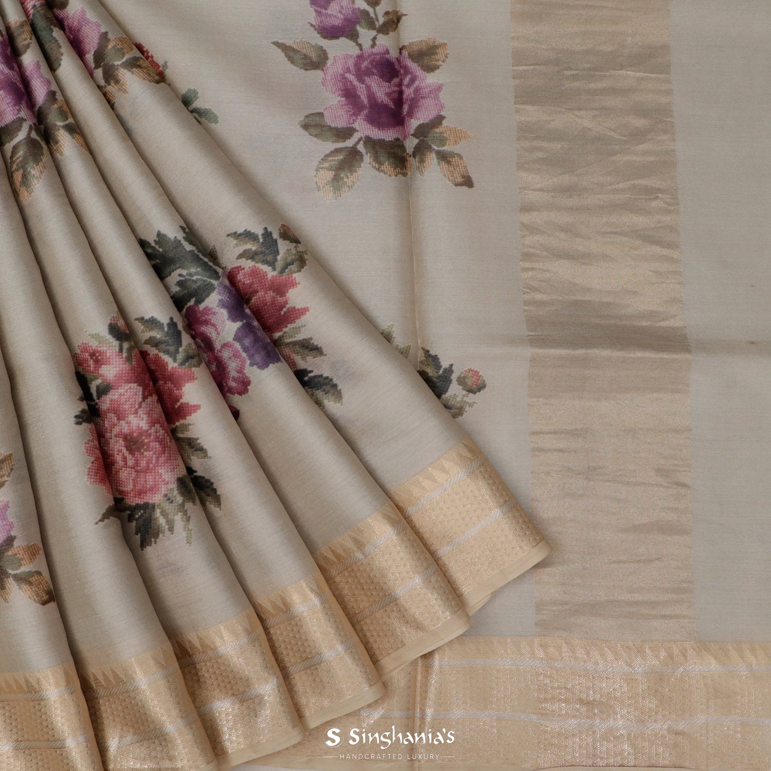 Pastel Gray Printed Tussar Silk Saree With Floral Pattern