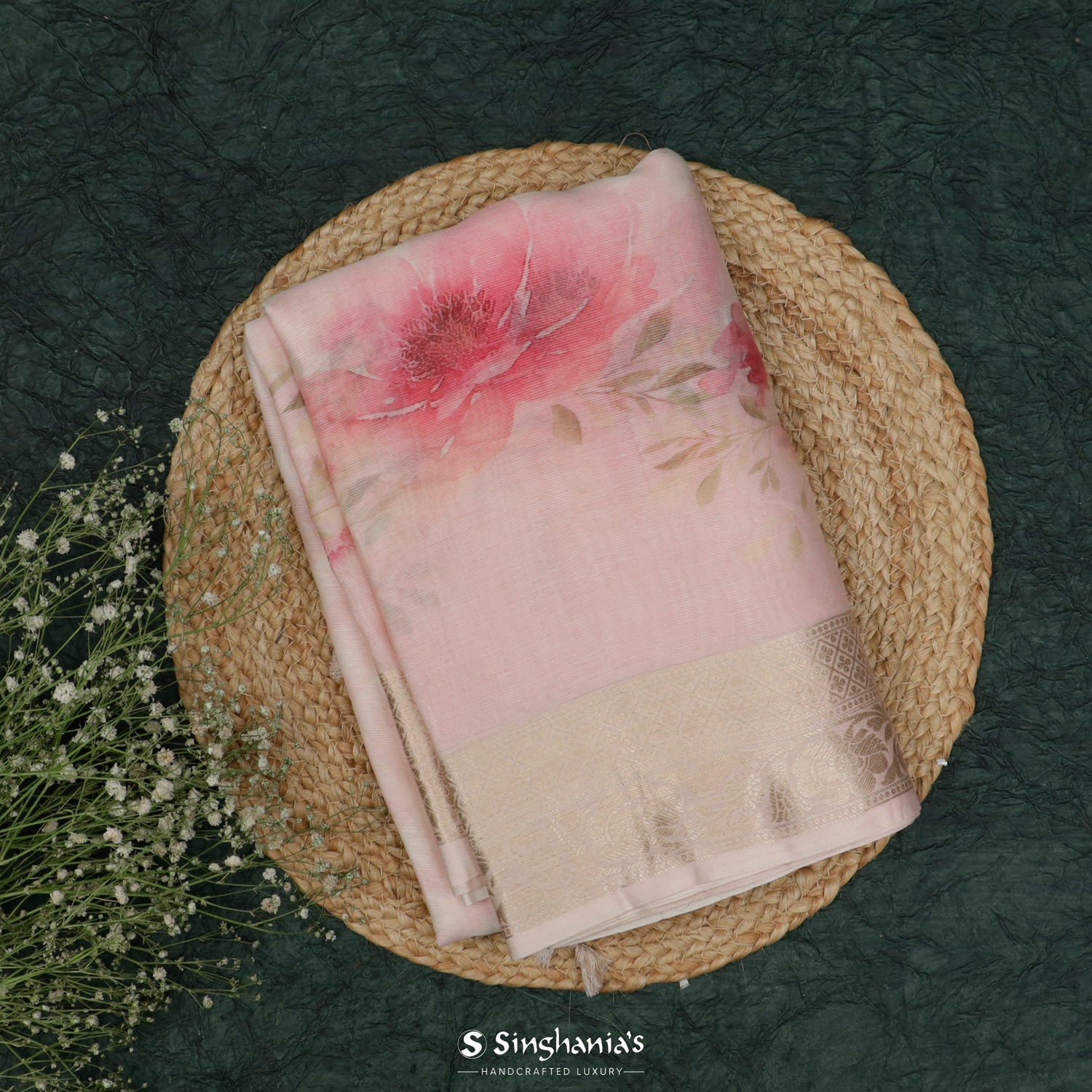 Pale Pink Printed Maheshwari Saree With Floral Pattern