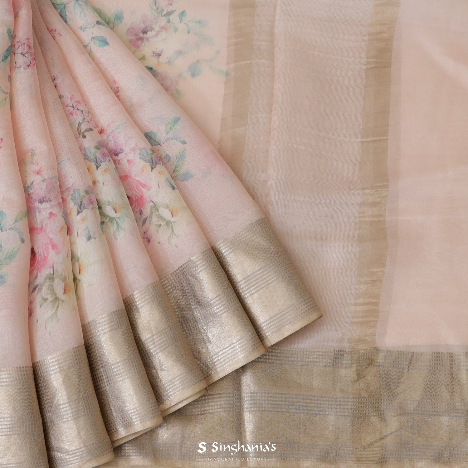 Gold Pink Printed Organza Saree With Floral Pattern