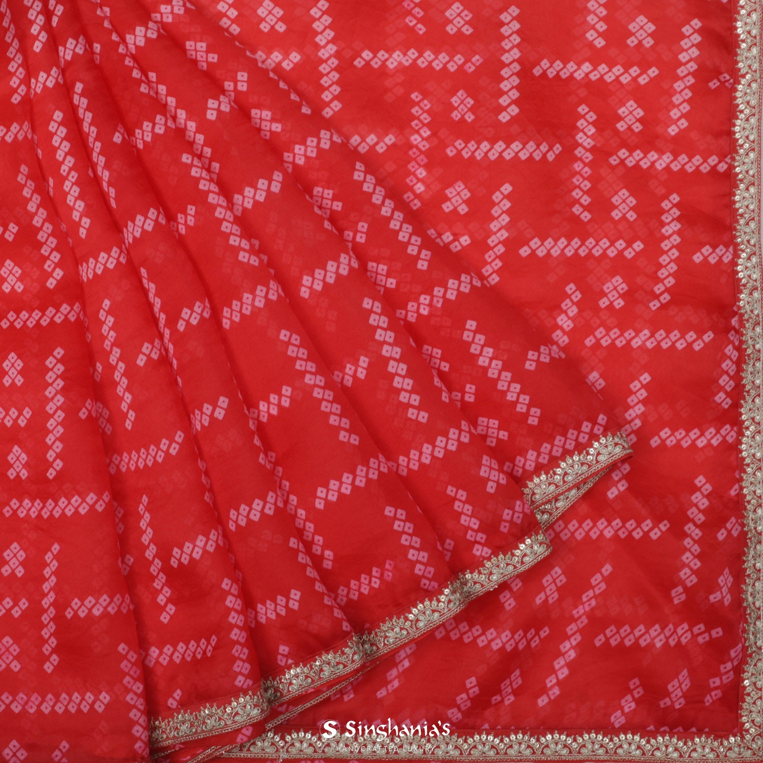 Cadmium Red Organza Saree With Bandhani Pattern