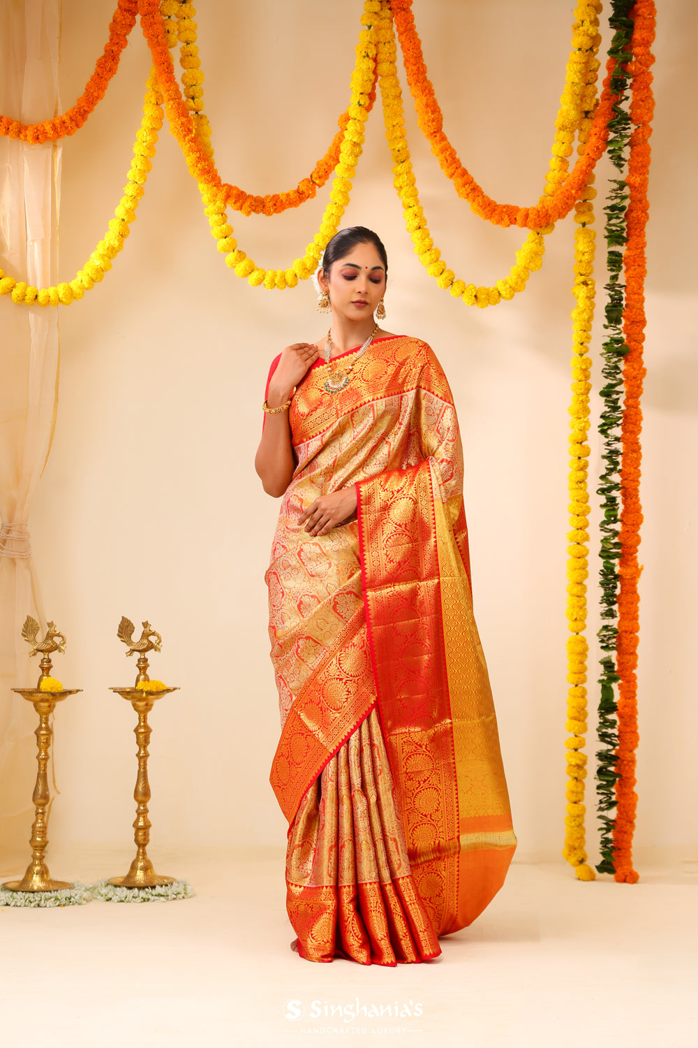 Gold Peach Tissue Kanjivaram Saree With Floral Design