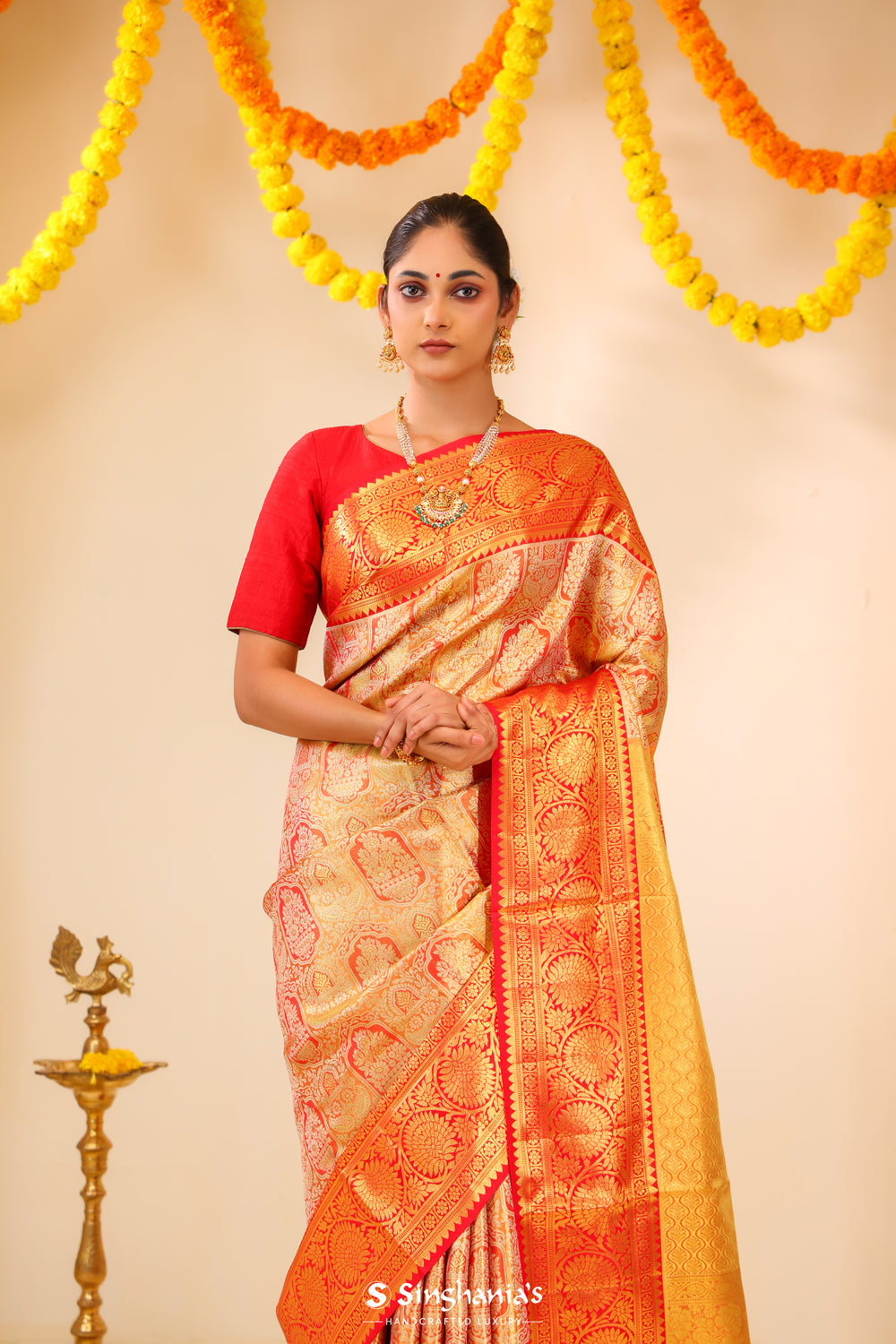 Gold Peach Tissue Kanjivaram Saree With Floral Design