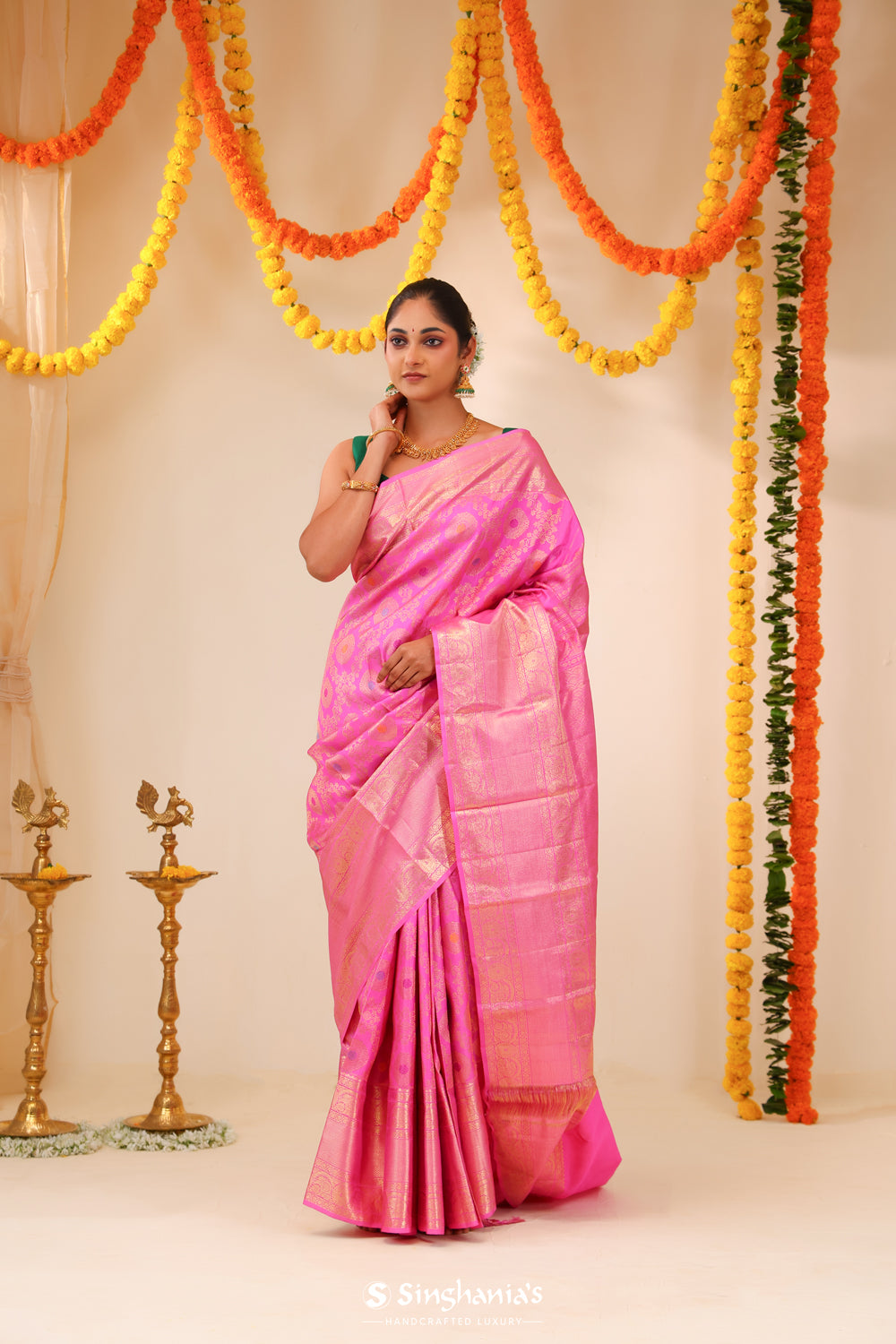 Neon Pink Kanjivaram Silk Saree With Floral Meenakari Weaving