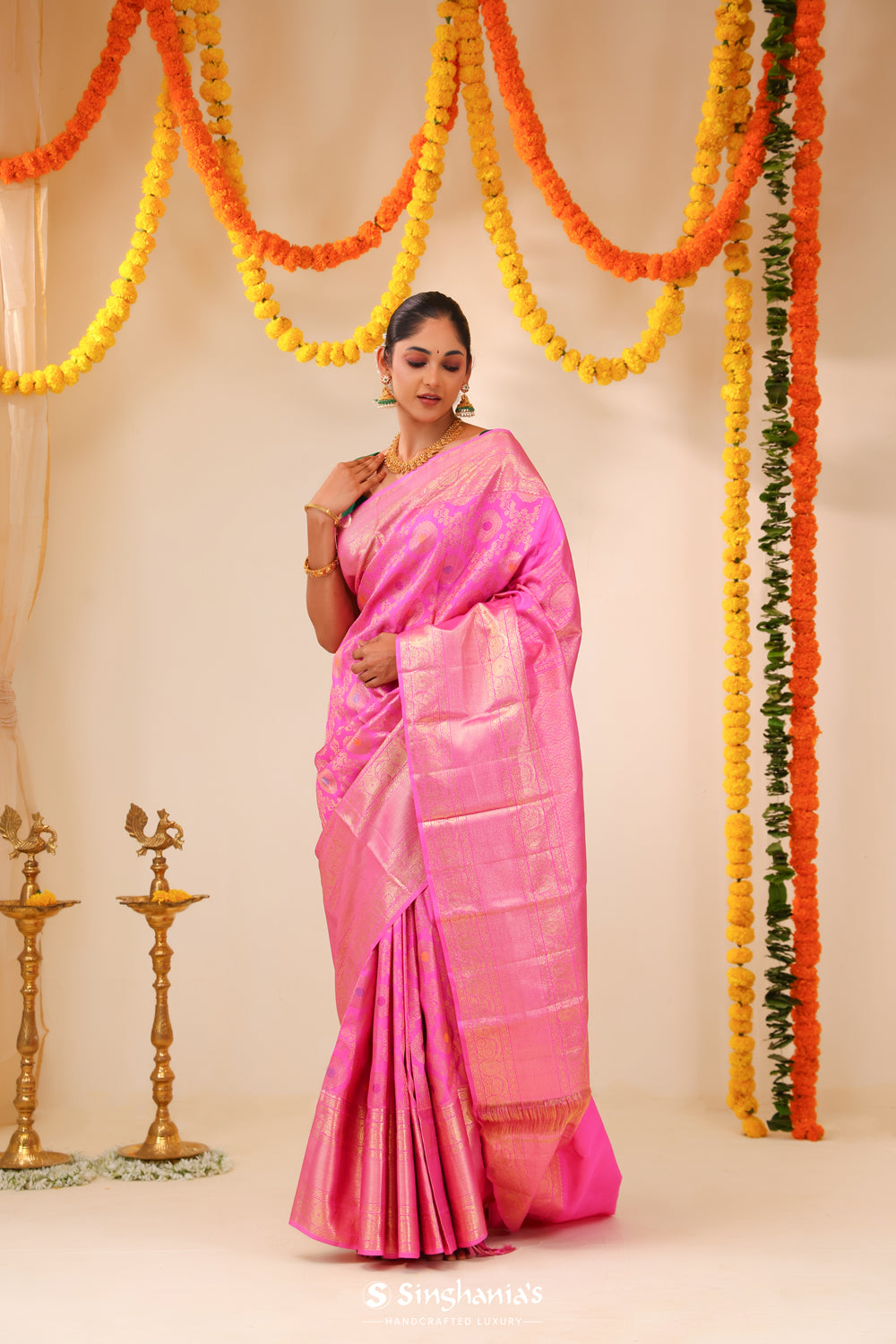 Neon Pink Kanjivaram Silk Saree With Floral Meenakari Weaving