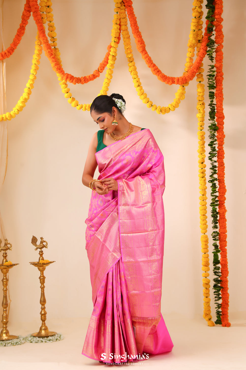 Neon Pink Kanjivaram Silk Saree With Floral Meenakari Weaving