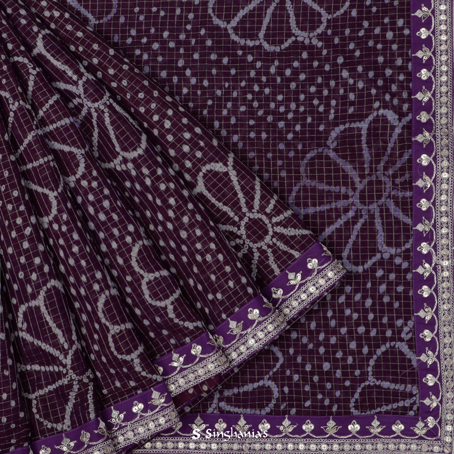 Wine Purple Printed Organza Saree With Bandhani Inspired In Floral Pattern