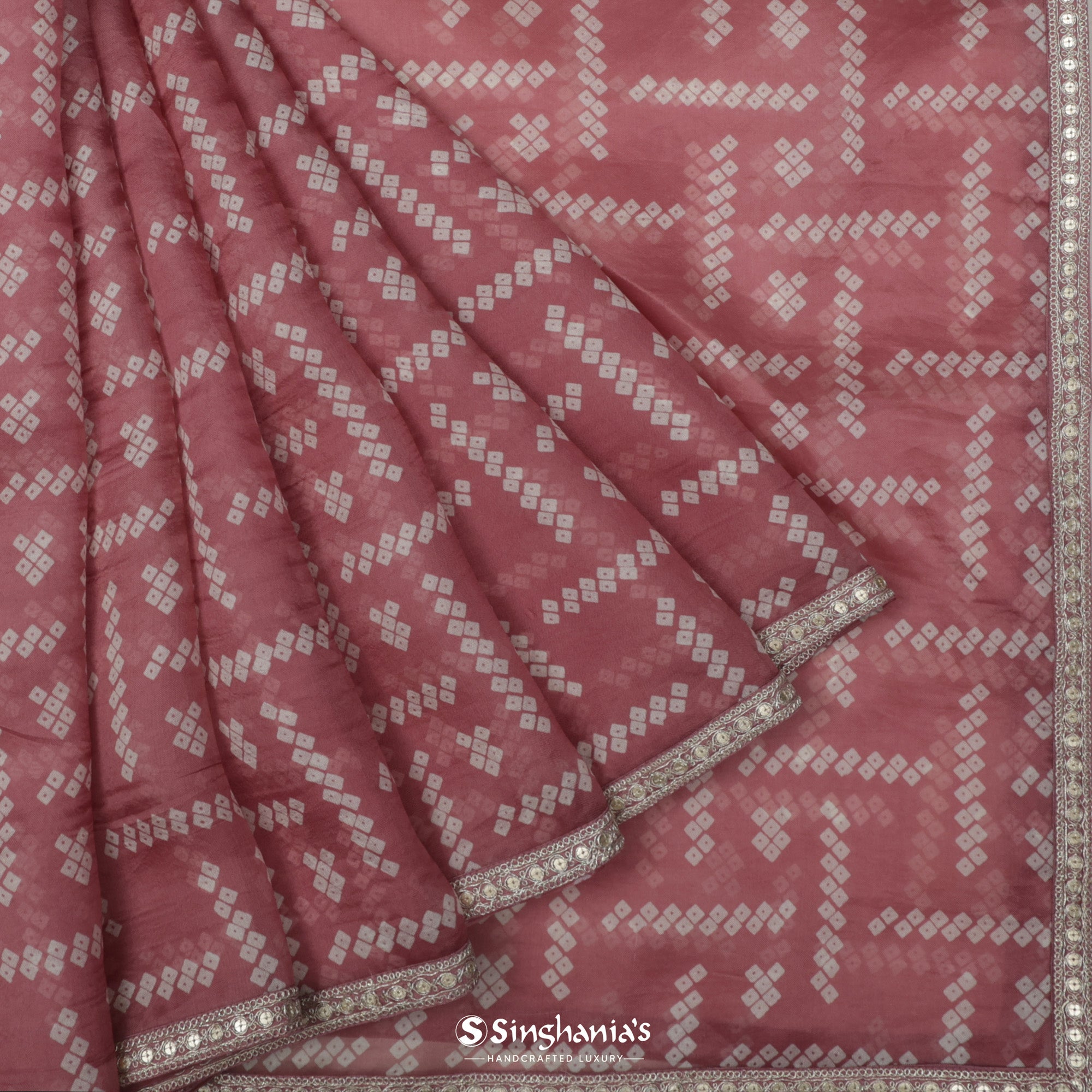 Old Rose Pink Printed Organza Saree With Embroidery