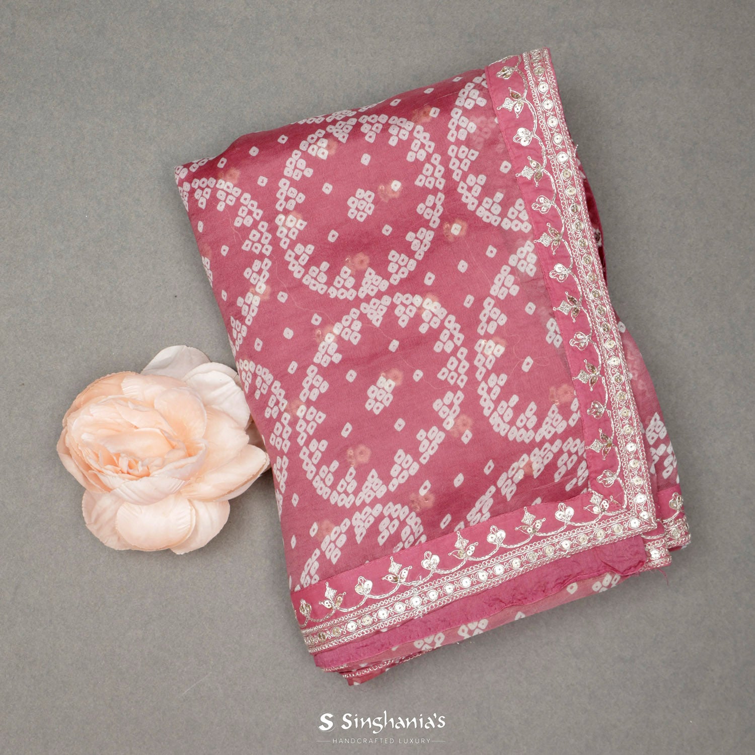 Turkish Rose Pink Printed Organza Saree With Bandhani Pattern
