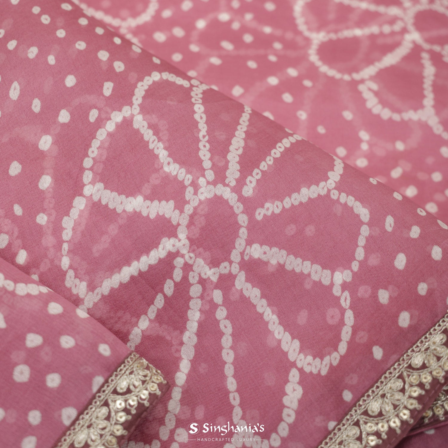 Ruddy Pink Organza Saree With Bandhani Pattern