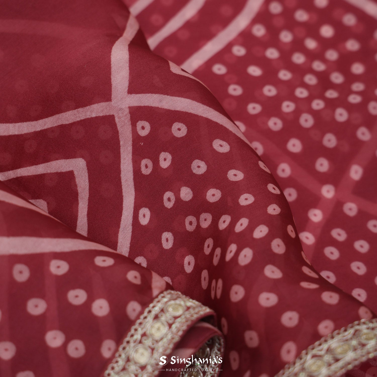 Vermilion Red Printed Organza Saree With Bandhani Pattern