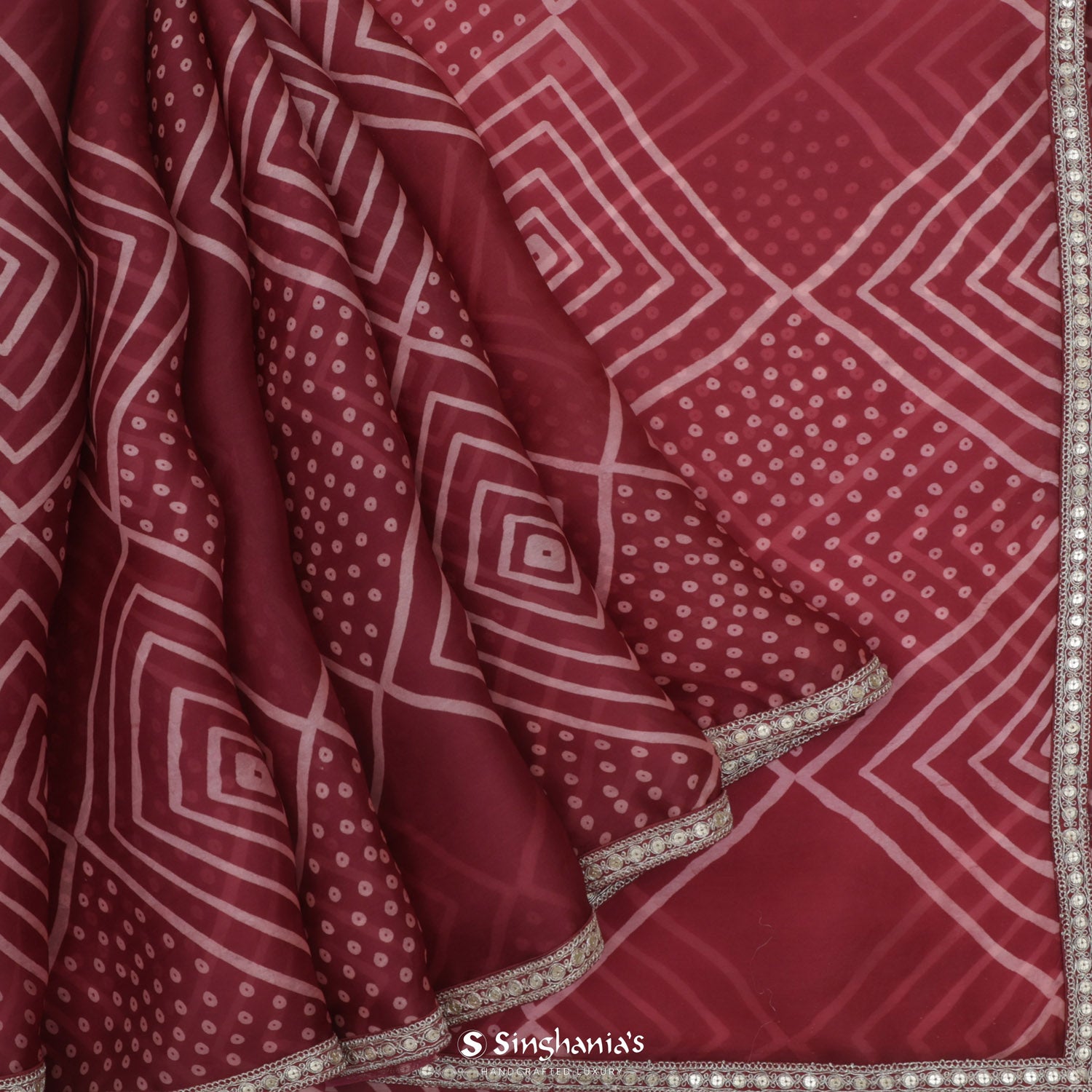 Vermilion Red Printed Organza Saree With Bandhani Pattern