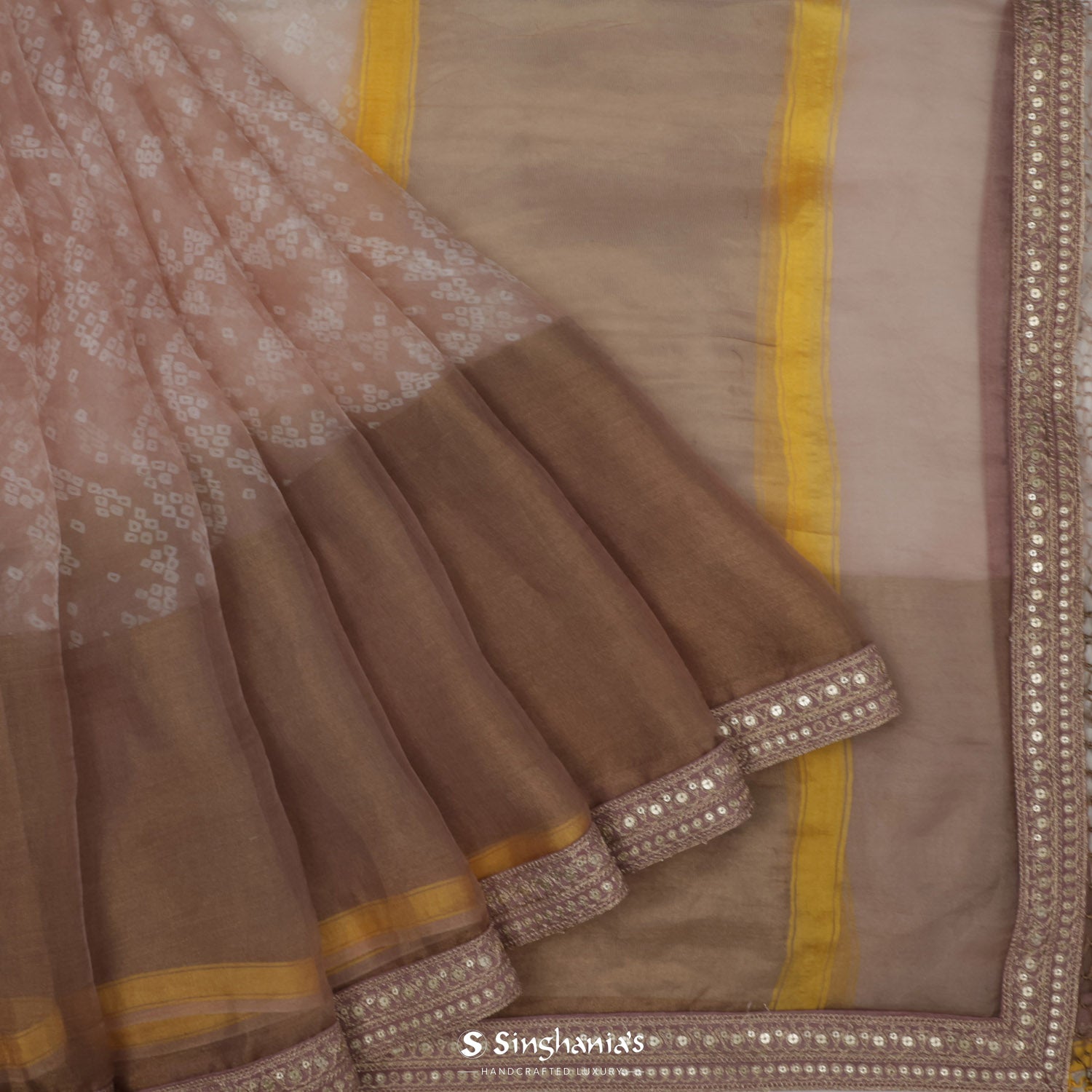 Apricot Orange Organza Saree With Bandhani Pattern