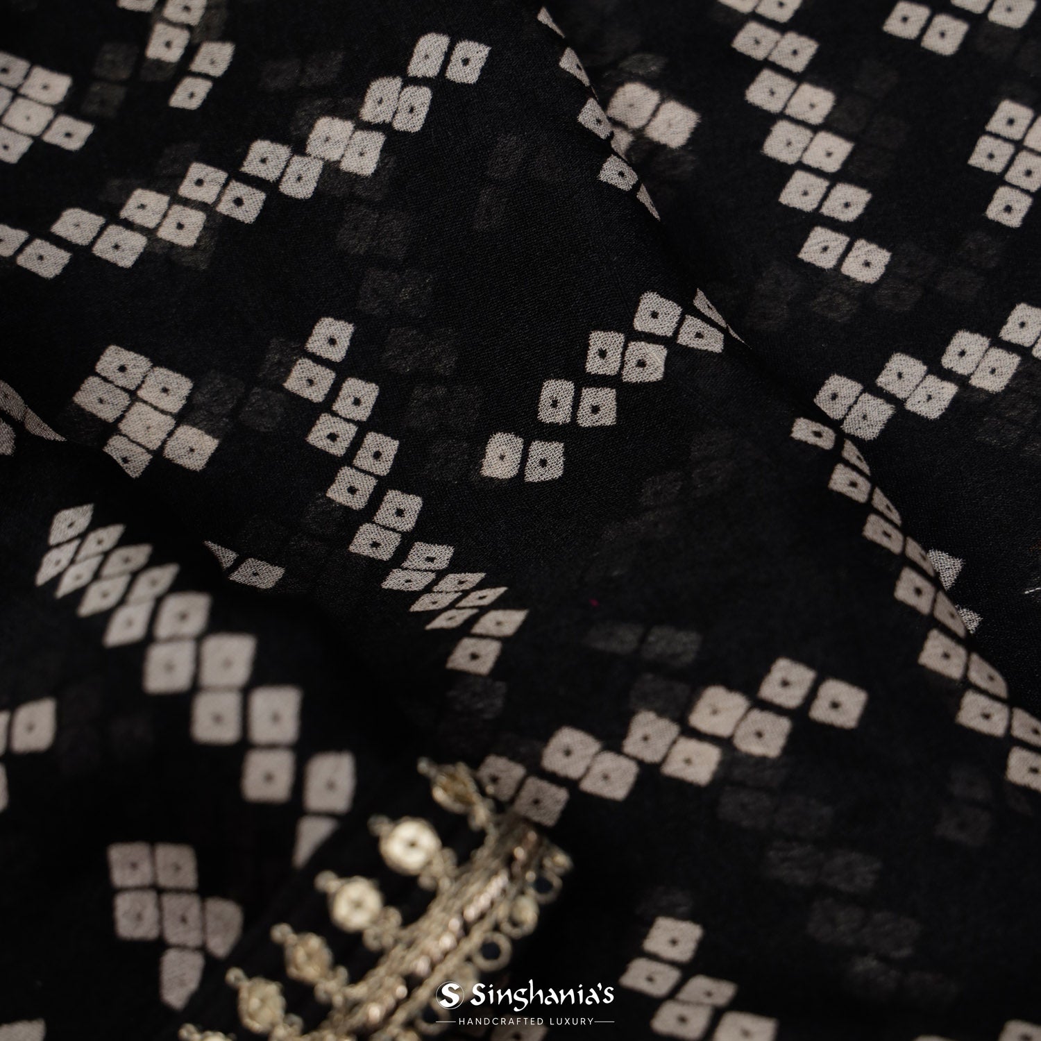 Asphalt Black Printed Organza Saree With Bandhani Pattern