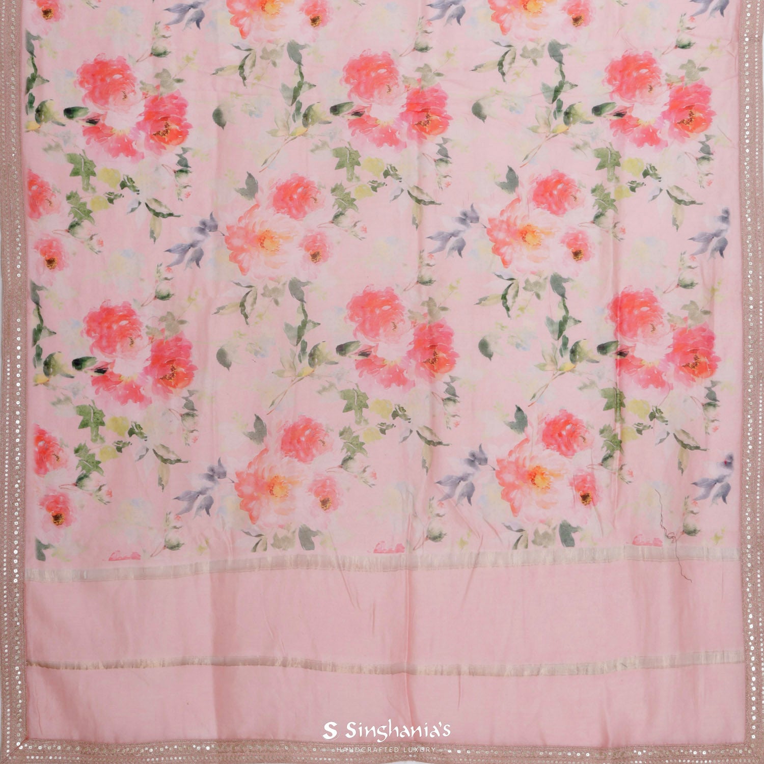 Lemonade Pink Printed Organza Saree With Floral Pattern