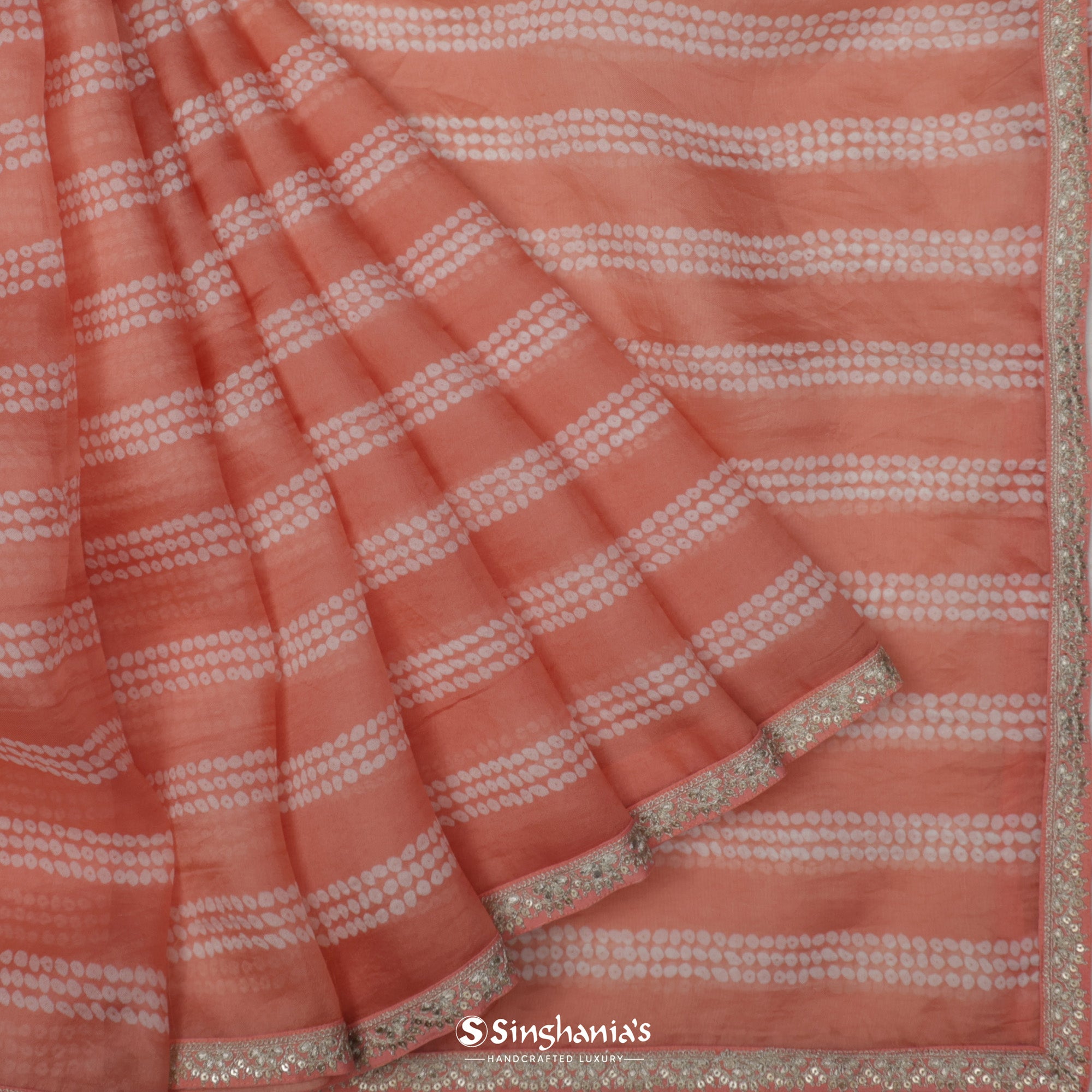 Melba Peach Organza Saree With Bandhani Pattern