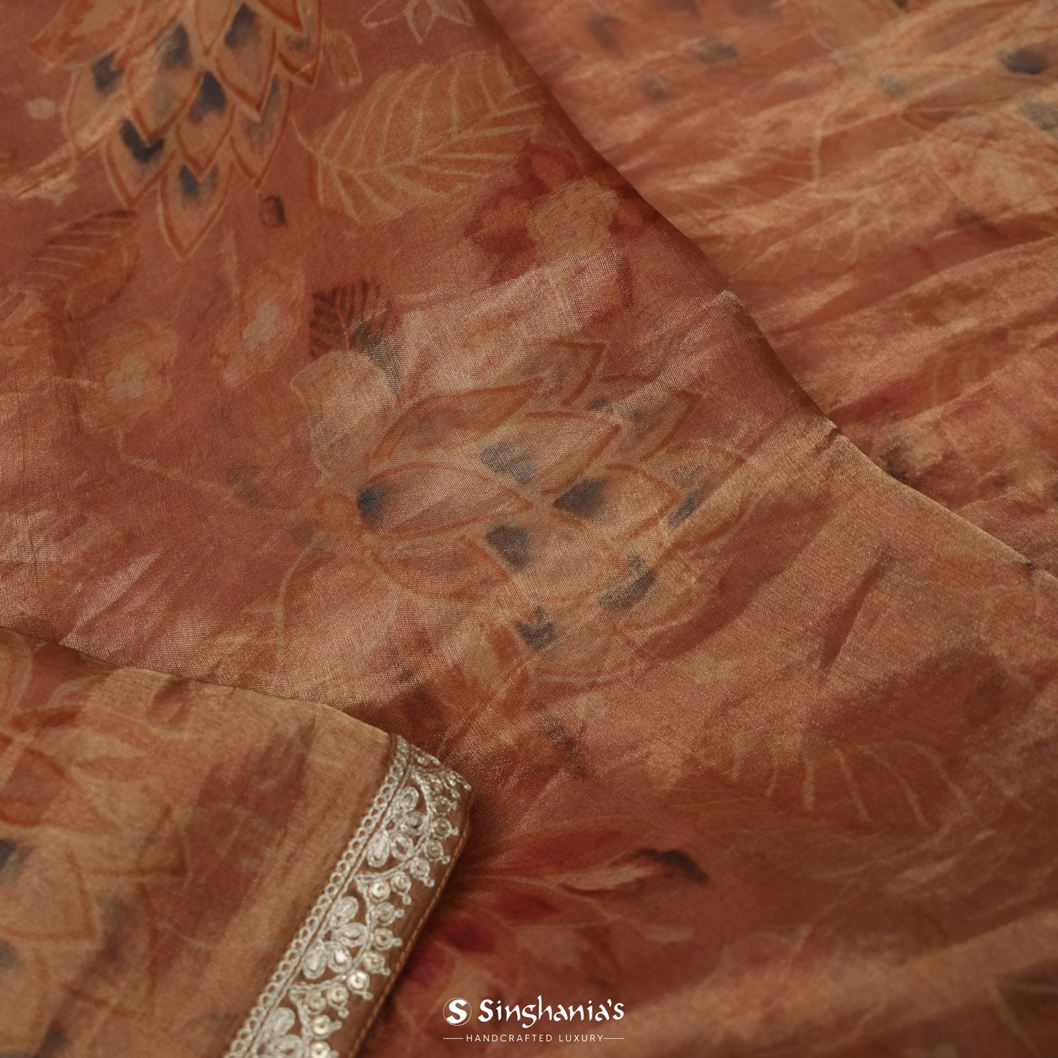 Melon Orange Printed Tissue Saree With Floral Pattern