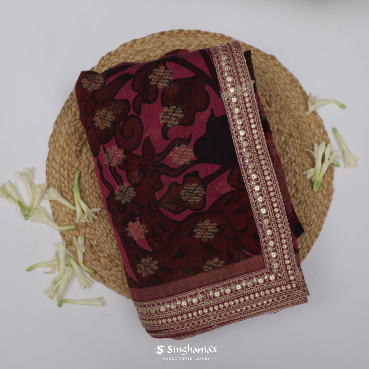 Dark Pink Matka Saree With Floral Print & Weaving