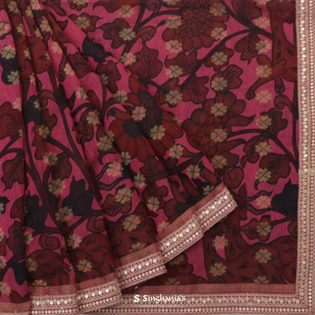 Dark Pink Matka Saree With Floral Print & Weaving