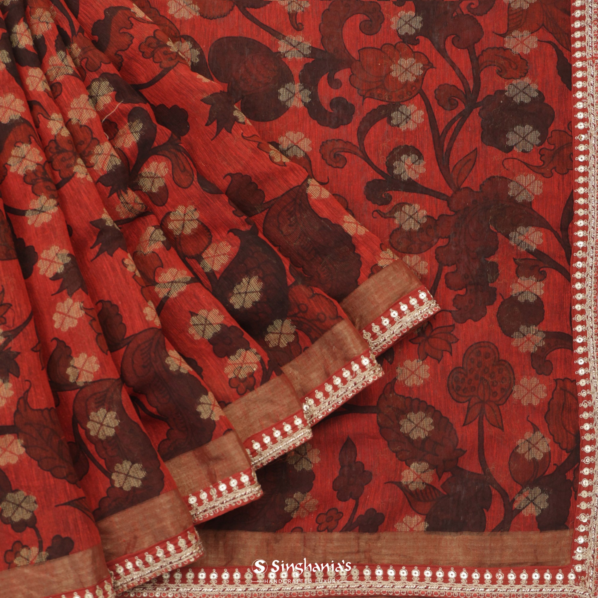Chinese Orange Matka Silk Saree With Printed Floral Pattern
