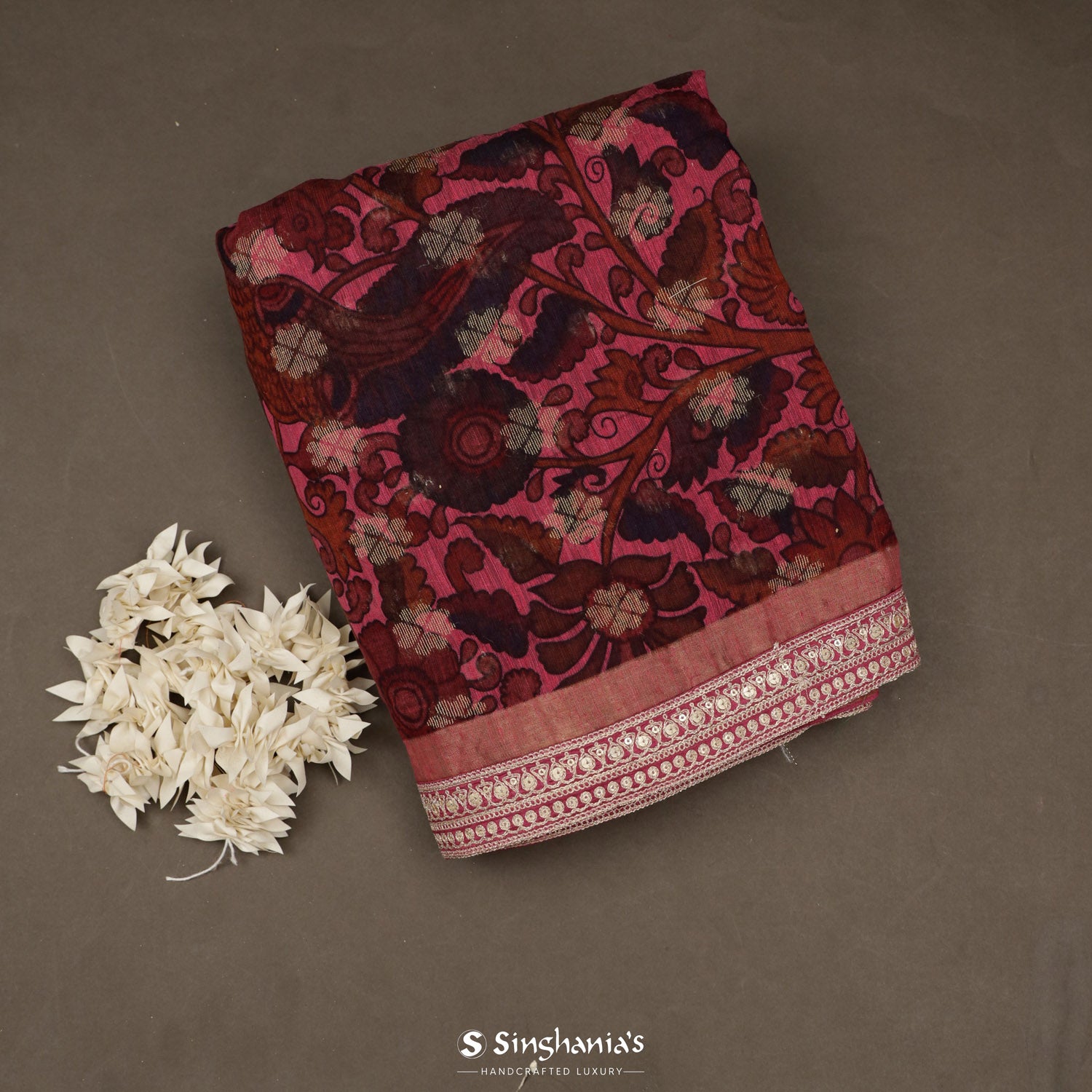 Grapefruit Pink Printed Matka Saree With Floral Pattern