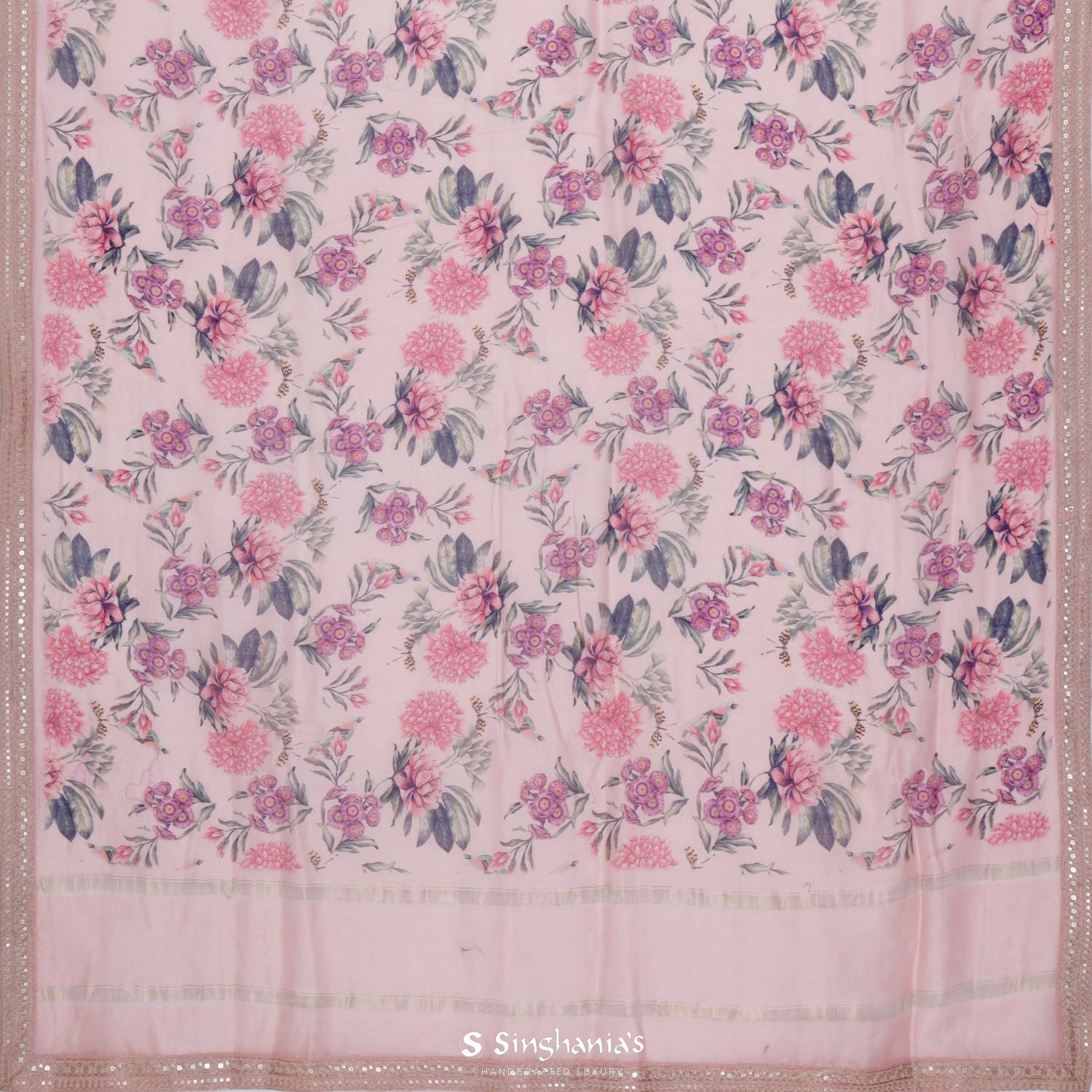 Misty Rose Printed Organza Saree With Floral Pattern