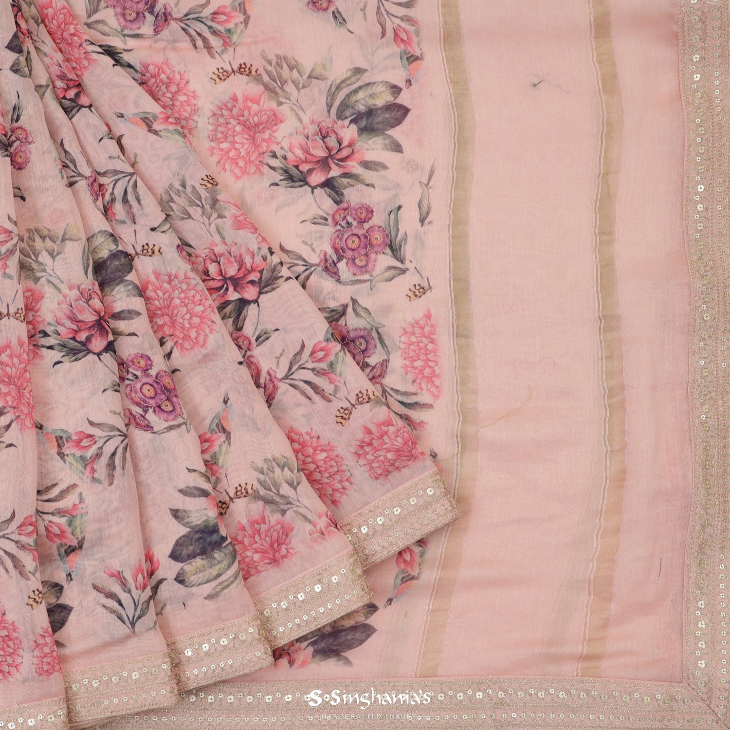 Misty Rose Printed Organza Saree With Floral Pattern