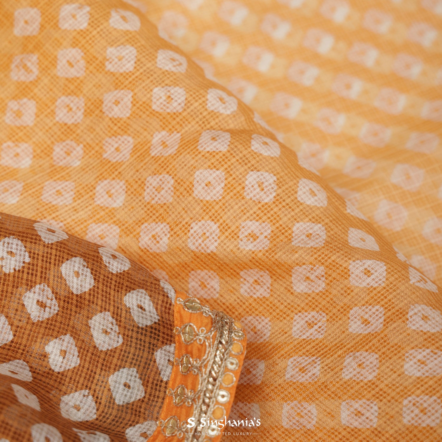 Dark Orange Printed Kota Silk Saree With Bandhani Pattern
