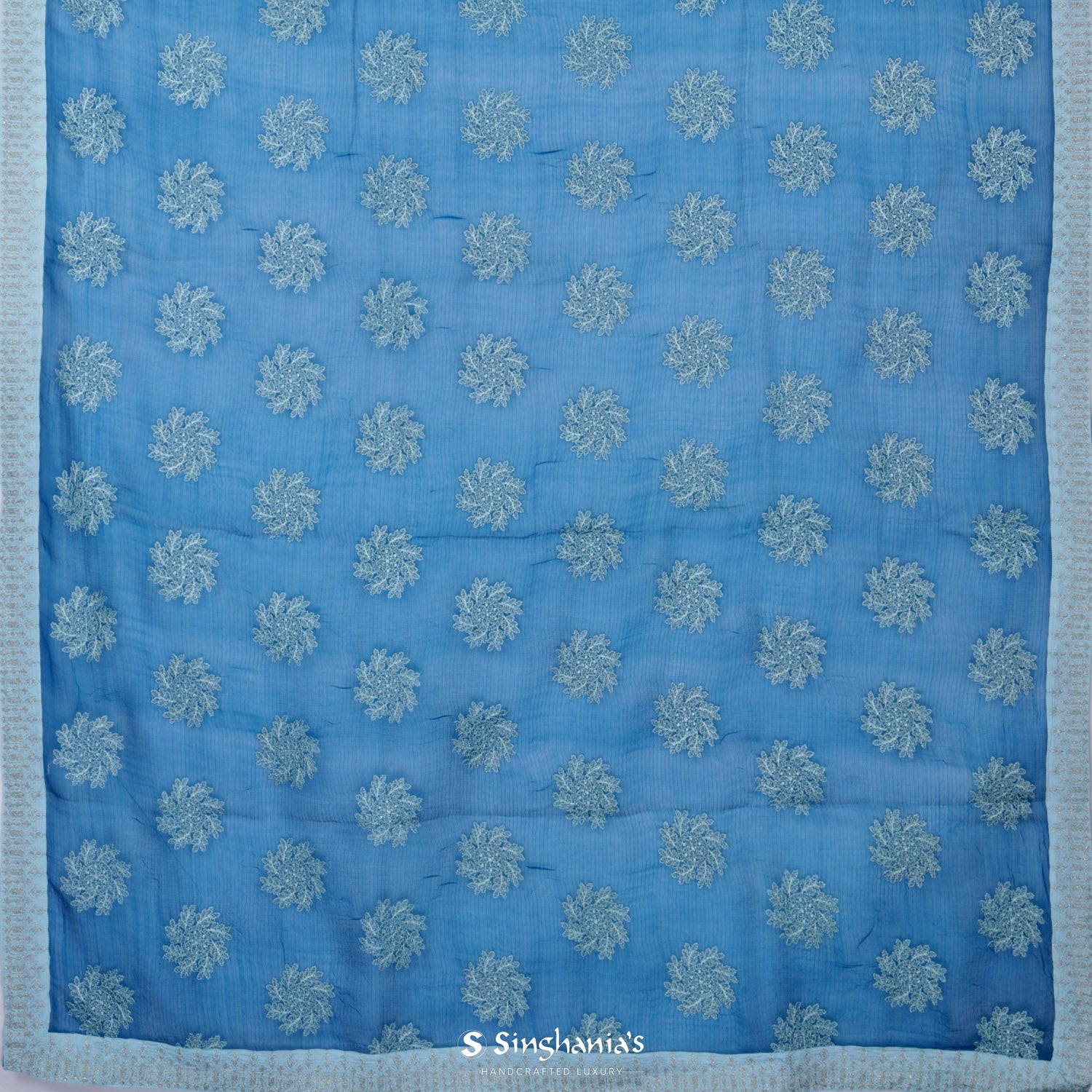 Steel Blue Printed Kota Silk Saree With Floral Buttas
