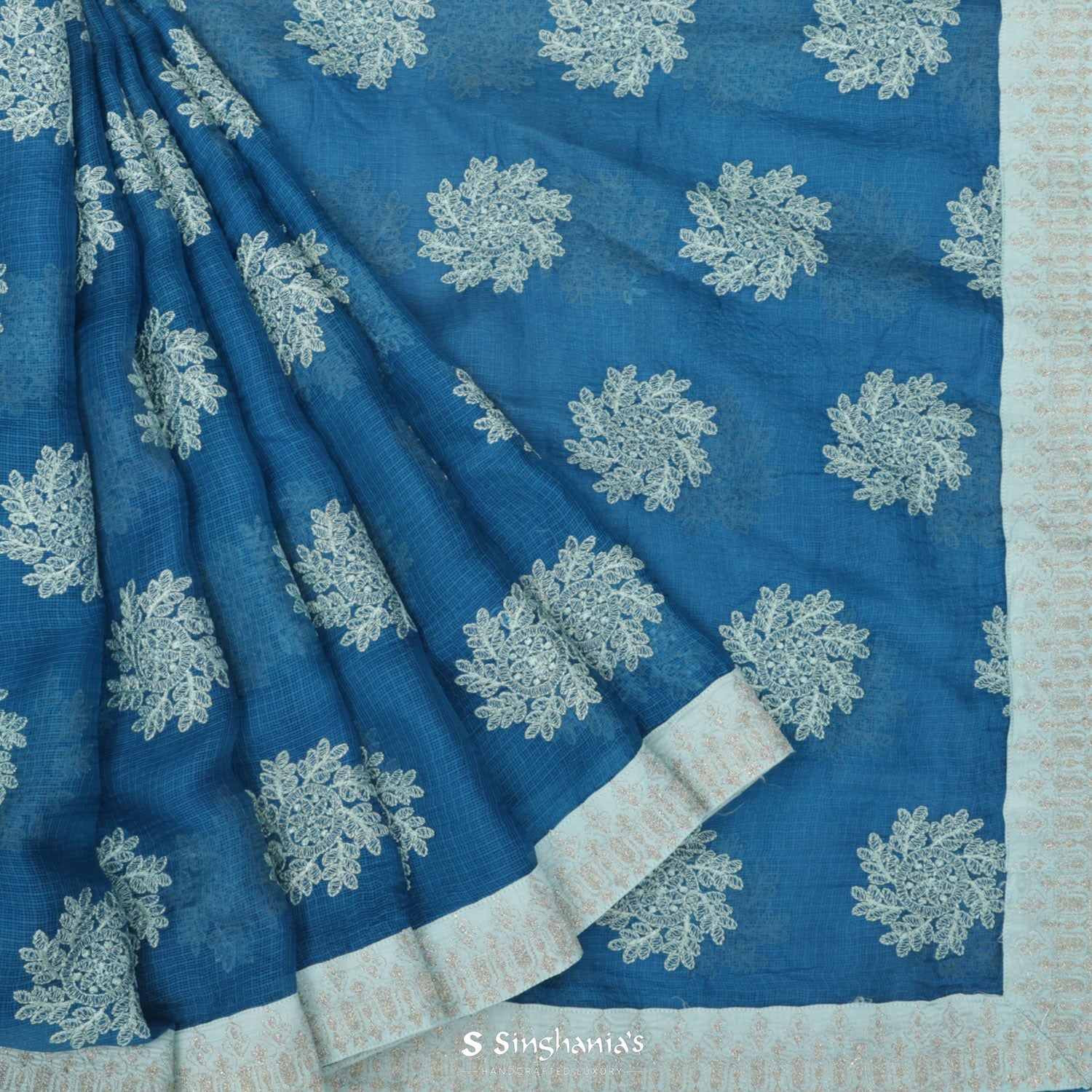 Steel Blue Printed Kota Silk Saree With Floral Buttas