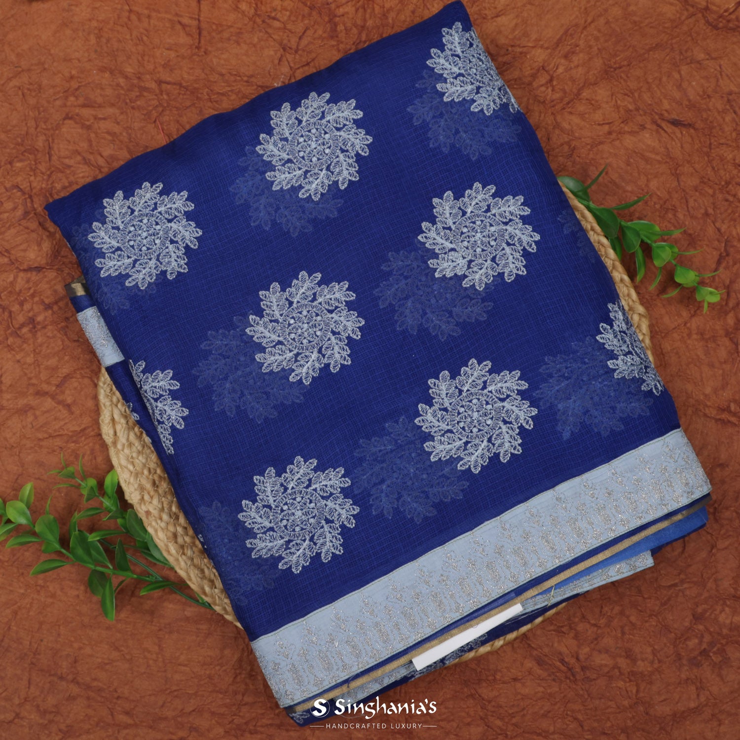 Penn Blue Kota Silk Saree With Floral Embroidery