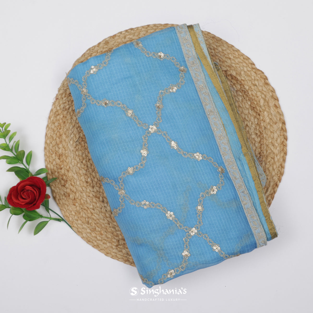 Maya Blue Kota Silk Saree With Sequin And Thread Work