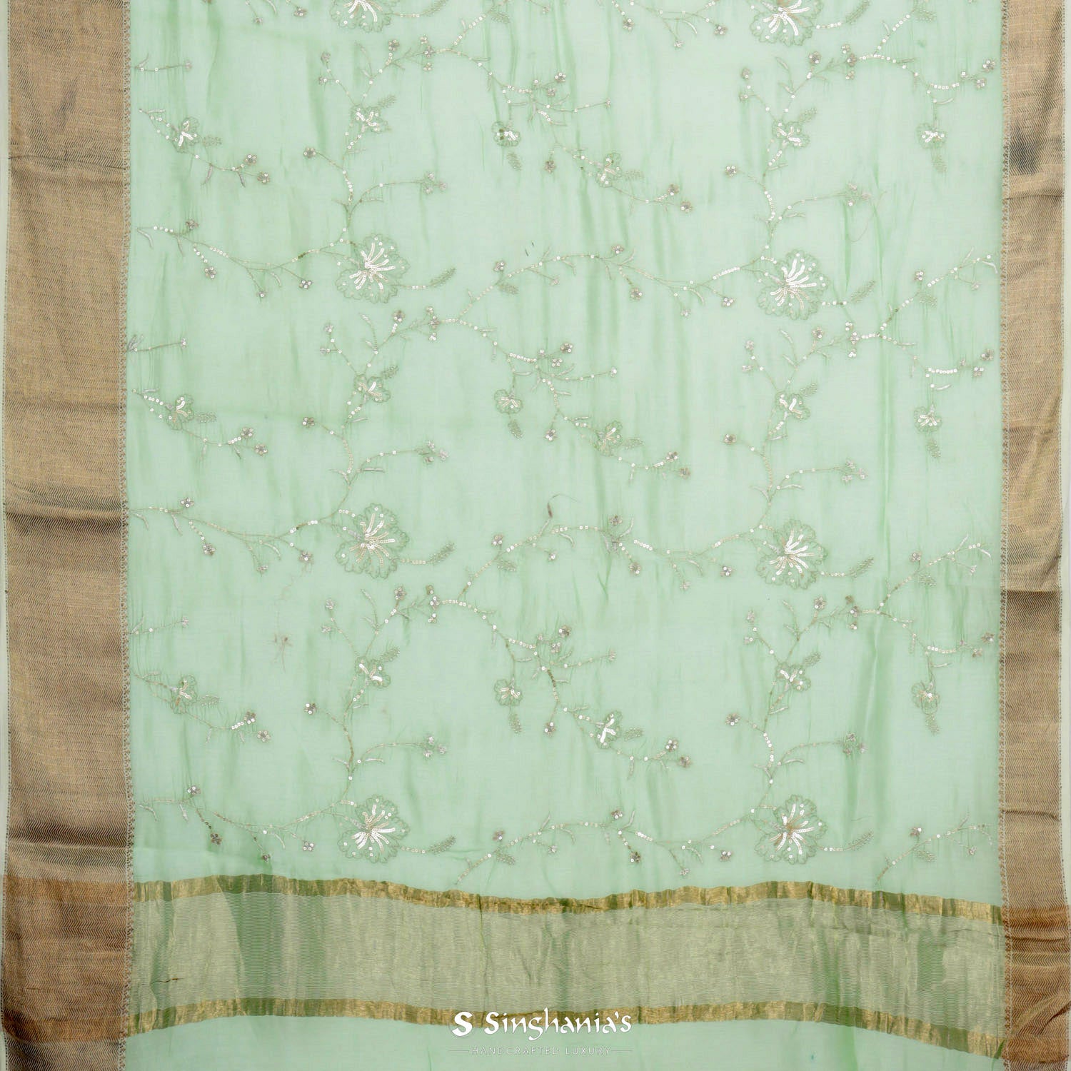 Nyanza Green Chanderi Saree With Floral Embroidery